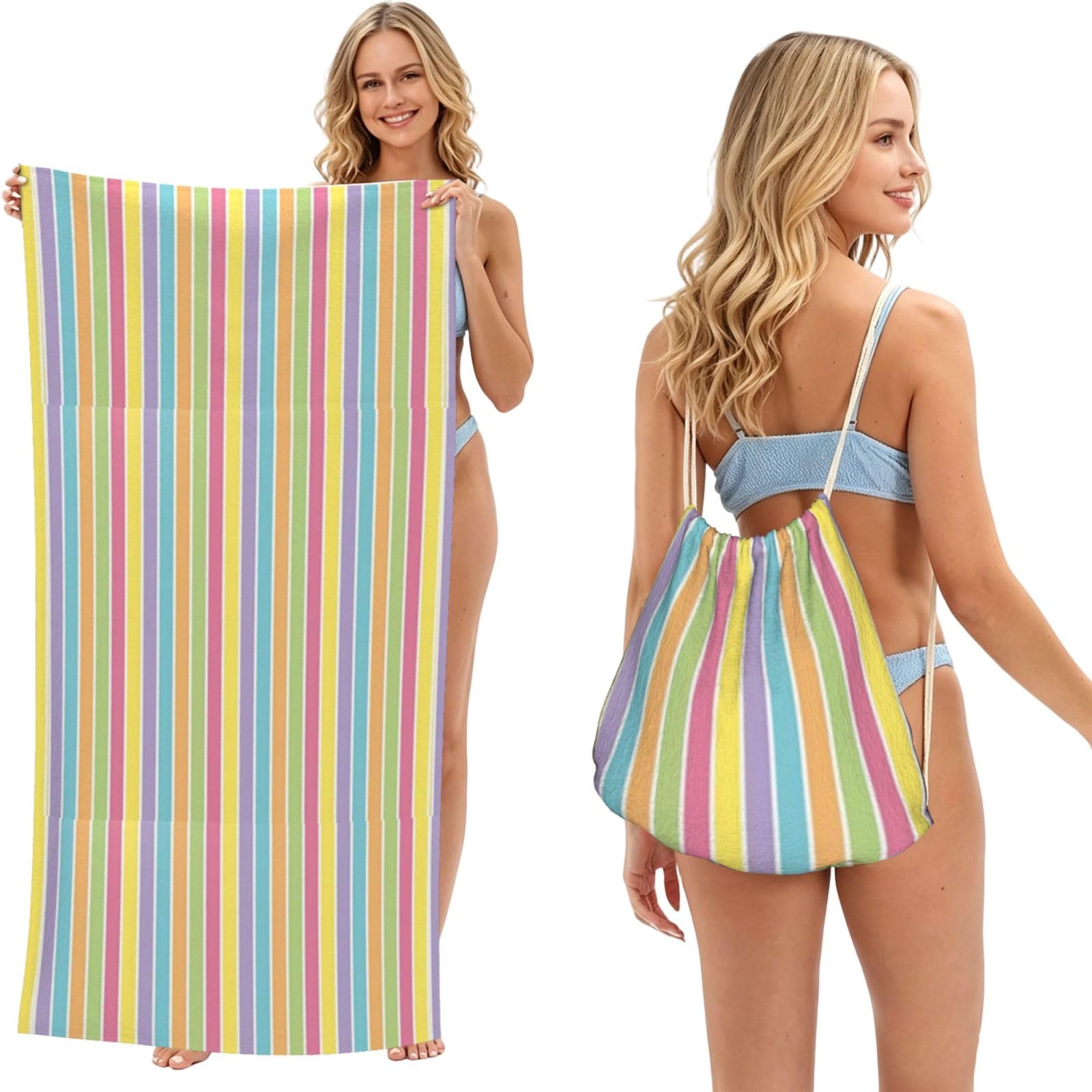 Poadnly As Picture Yellow Blue Pastel Stripe, 2 In 1 Packable Towel Bag, Beach Towels With Drawstring Backpack For Travel Holiday Camping