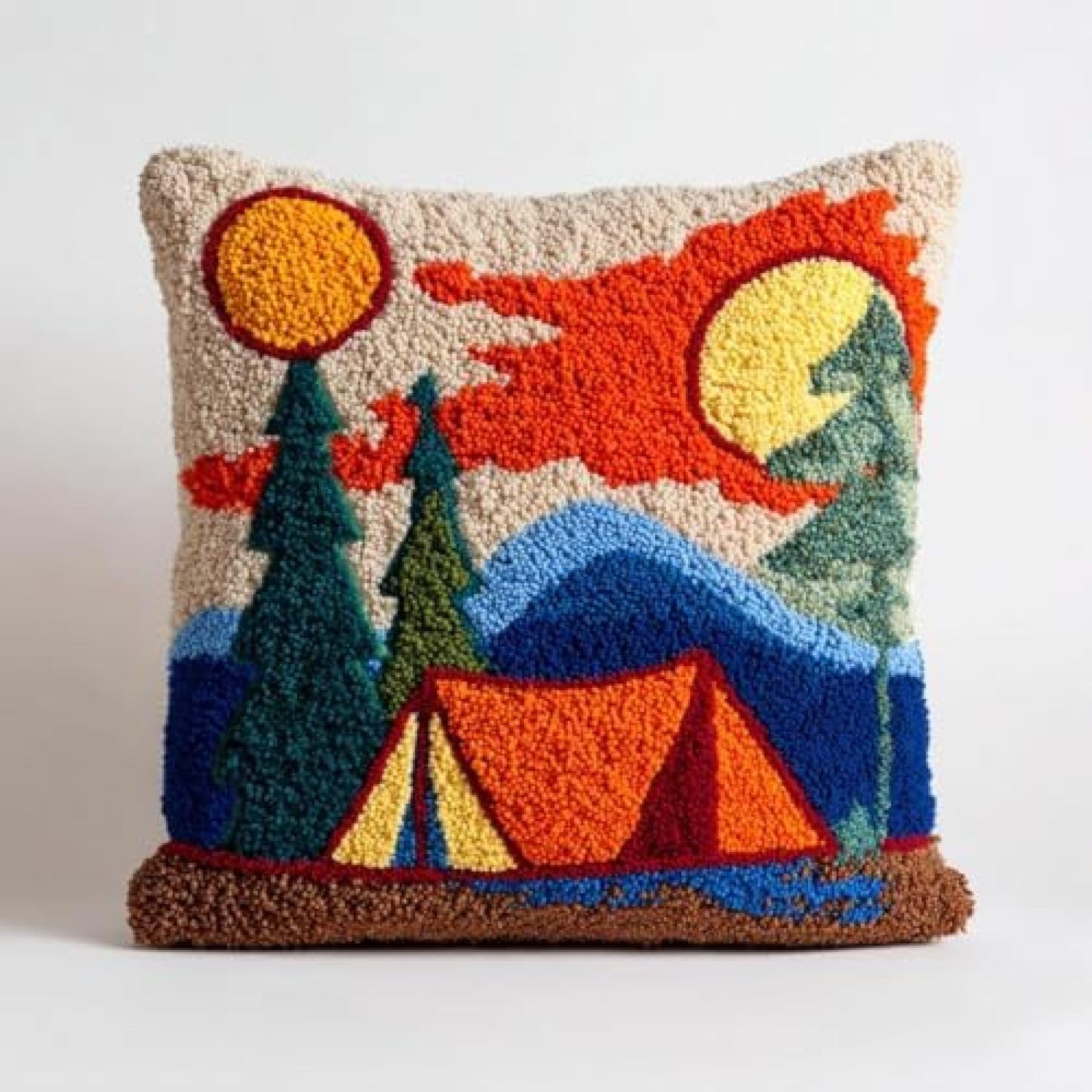 kitphoenix DIY Latch Hook Cushion Cover Kit for Adults,Camping in Yellowstone,Embroidery Crochet Craft Kit with Pre-Cut Yarn,Printed Canvas and Hook,43x43 cm