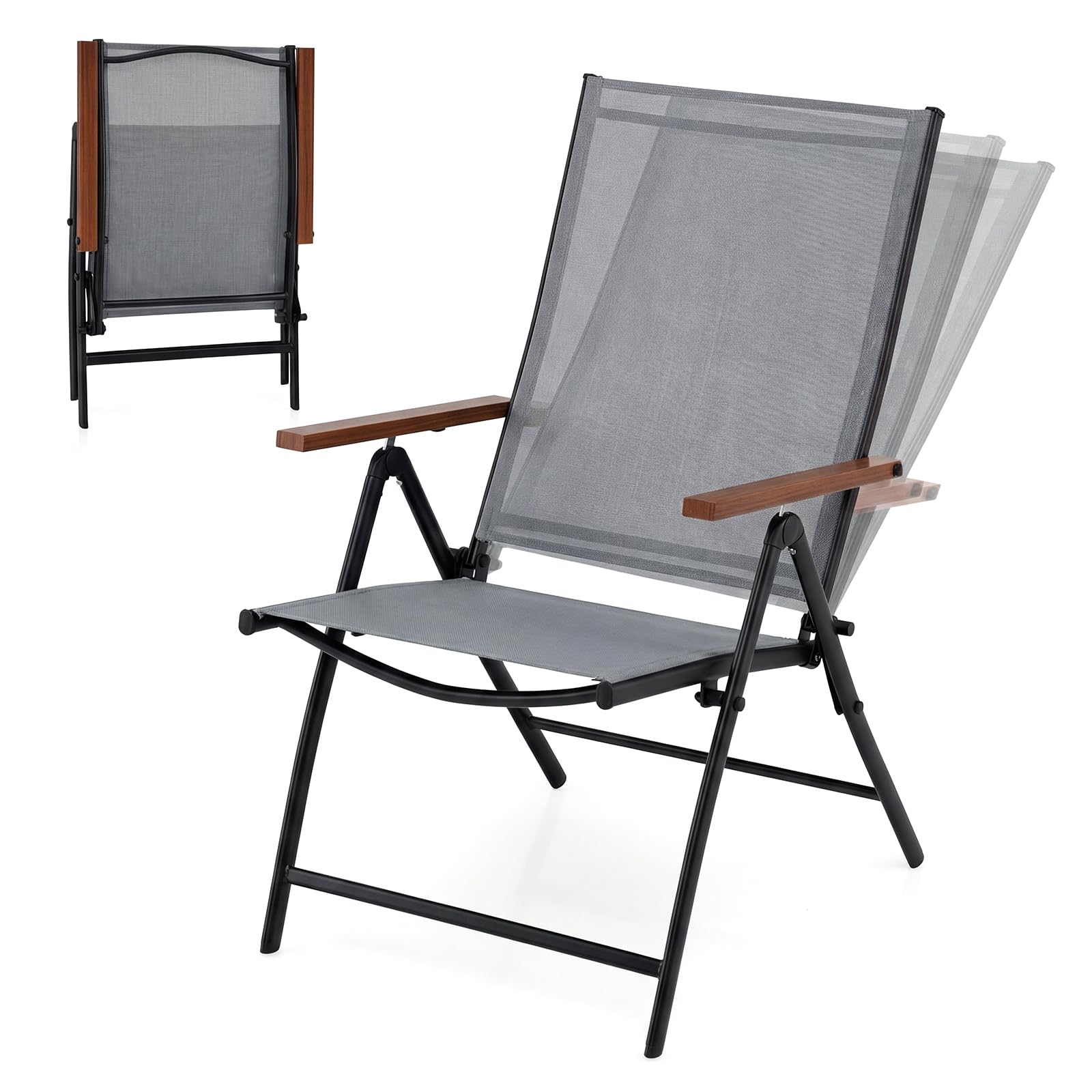 TANGZON Folding Garden Chairs Set of 2/4, Outdoor Dining Chairs with Adjustable Backrest & Armrests, Metal Frame Portable Leisure Armchairs for Patio Backyard Lawn Balcony Bistro (2, Grey+Brown)