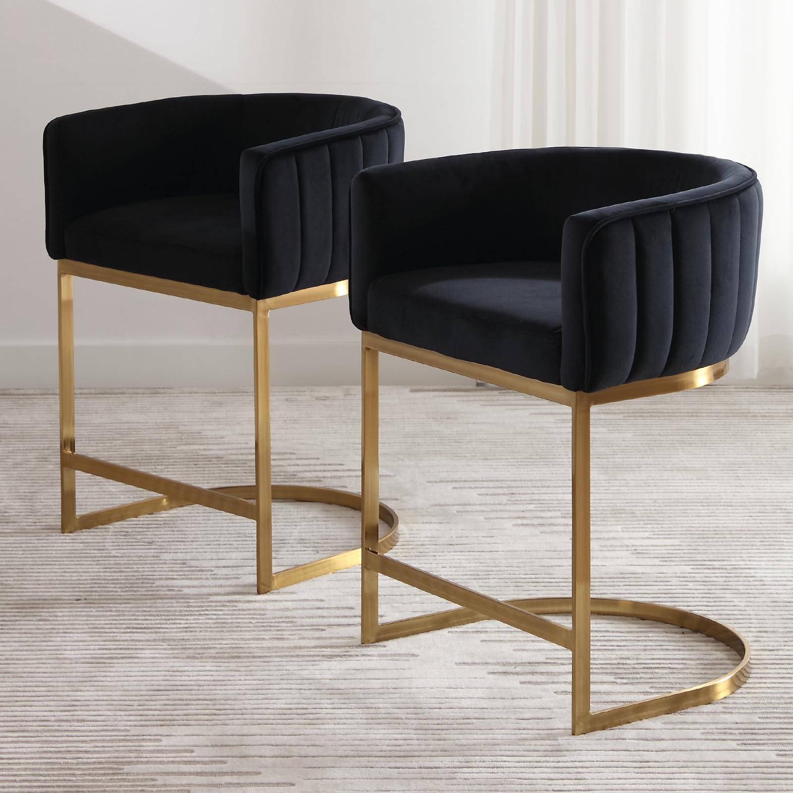 LZAREAL Modern Counter Height Bar Stools Set of 2, Velvet Upholstered Stool with Gold Metal Frame, 24 Inch Kitchen Island Stool for Home Bar &Dining Room, Velvet Black