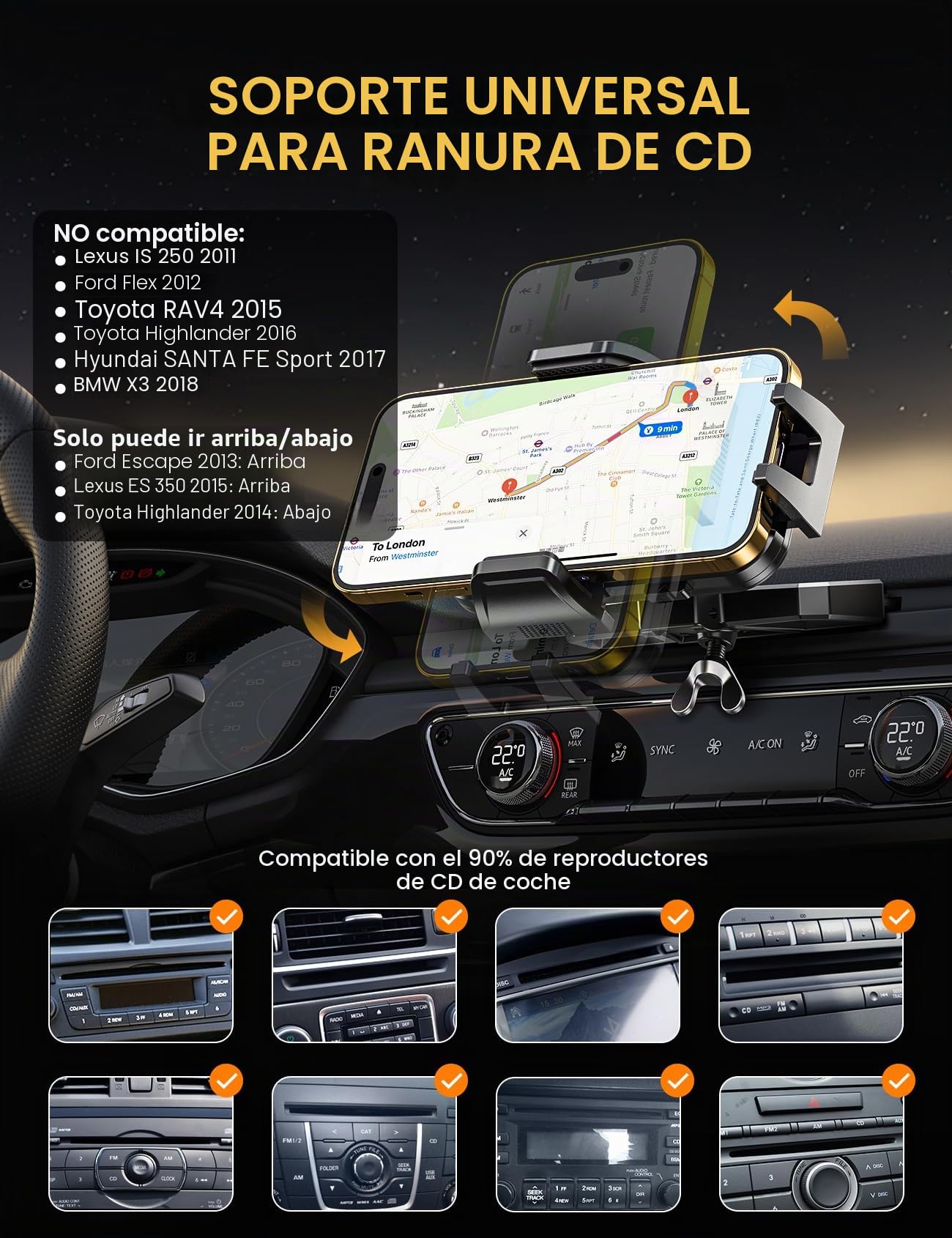 Soporte Universal para Móvil - Ajustable 360° Giratorio, Estable Soportes Porta Móvil para Coche, Compatible con iPhone 15 14 13 12 11 Pro Max y Otros Smartphones