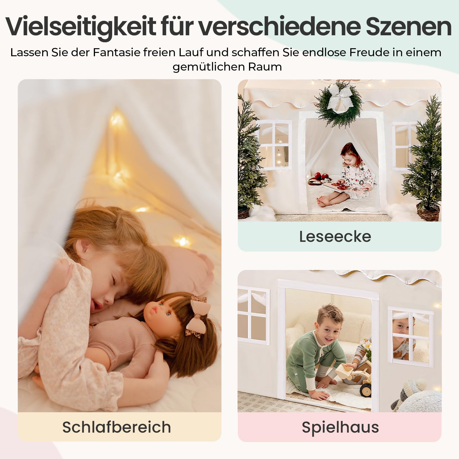 Tiny Land Spielzelt Kinderzelt Indoor Outdoor mit Matte und Lichtern Spielhaus Prinzessin Zelt Kinderzimmer Kinder Leseecke Deko Lesezelt