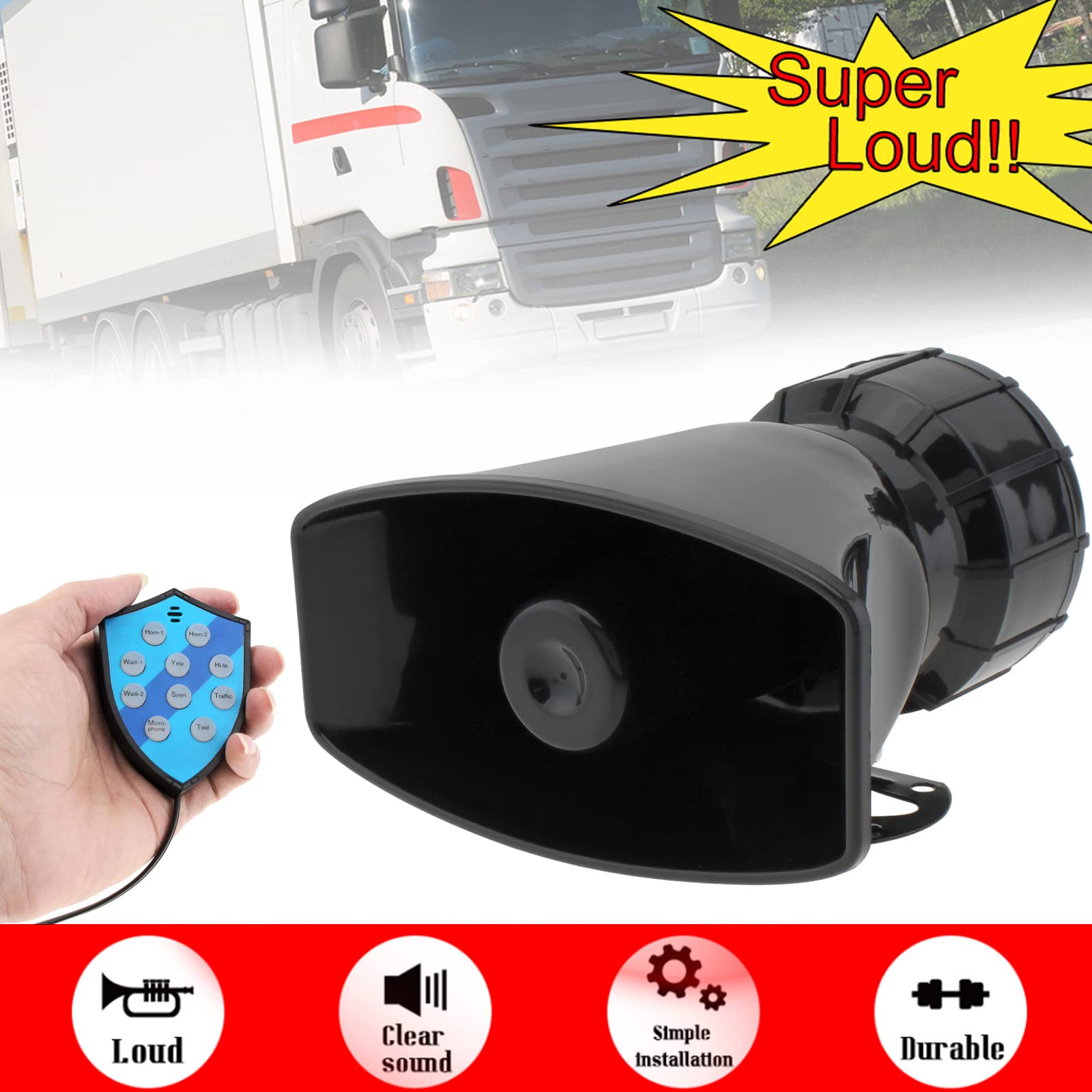 Haut-parleur de voiture 100 W 9 sons 12 V Sirène Klaxon Haut-parleur avec crochet Fonction d'appel 120-125 dB Avertisseur Alarme Klaxon électronique
