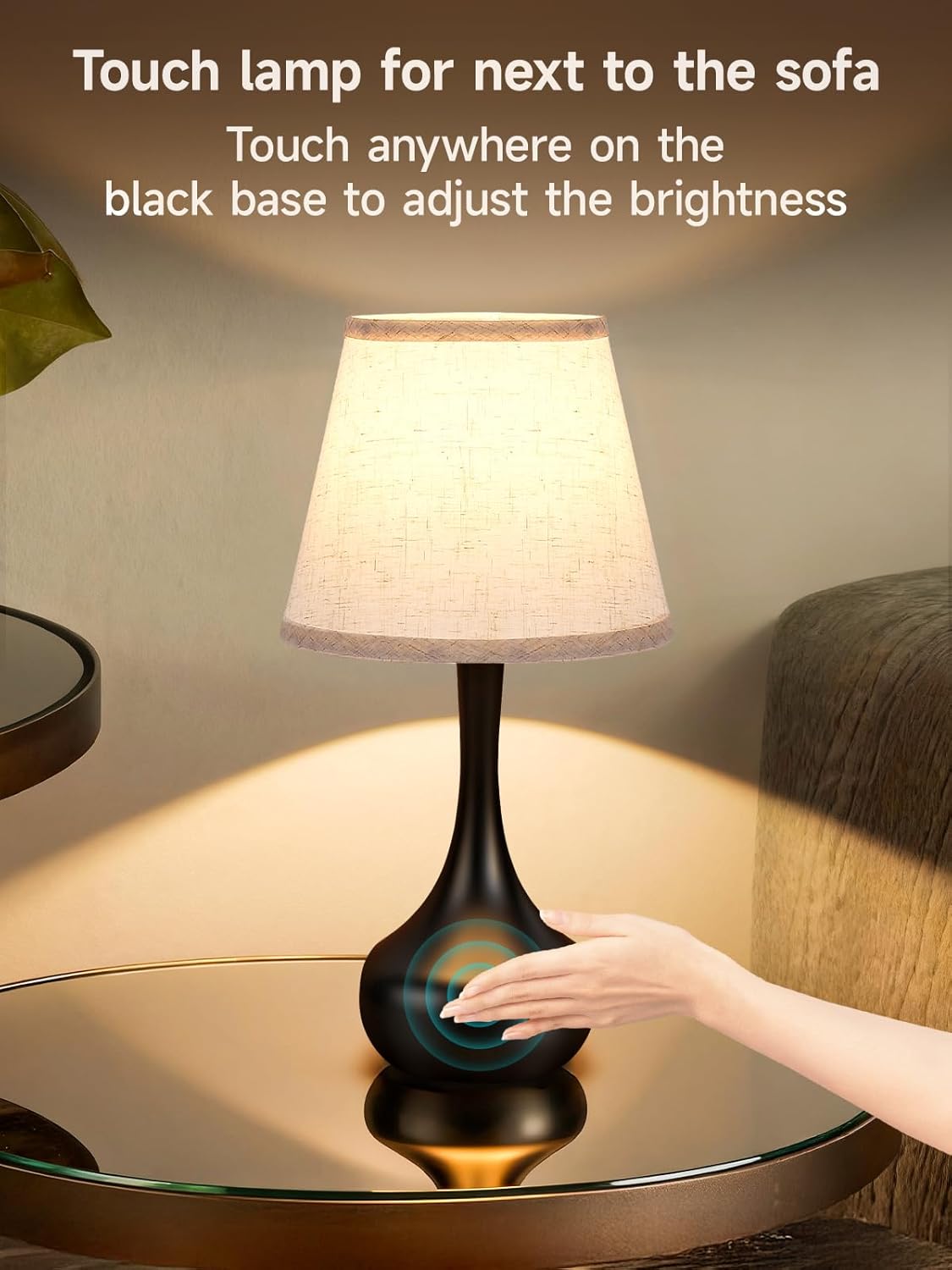 Touch Table Lamp for Bedroom Set of 2, Farmhouse 3-Way Dimmable Table Lamps for Nightstand with Fabric Shade, Lamps for Living Room，Desk Lamps for Home Office, Black Lamp for Bedroom