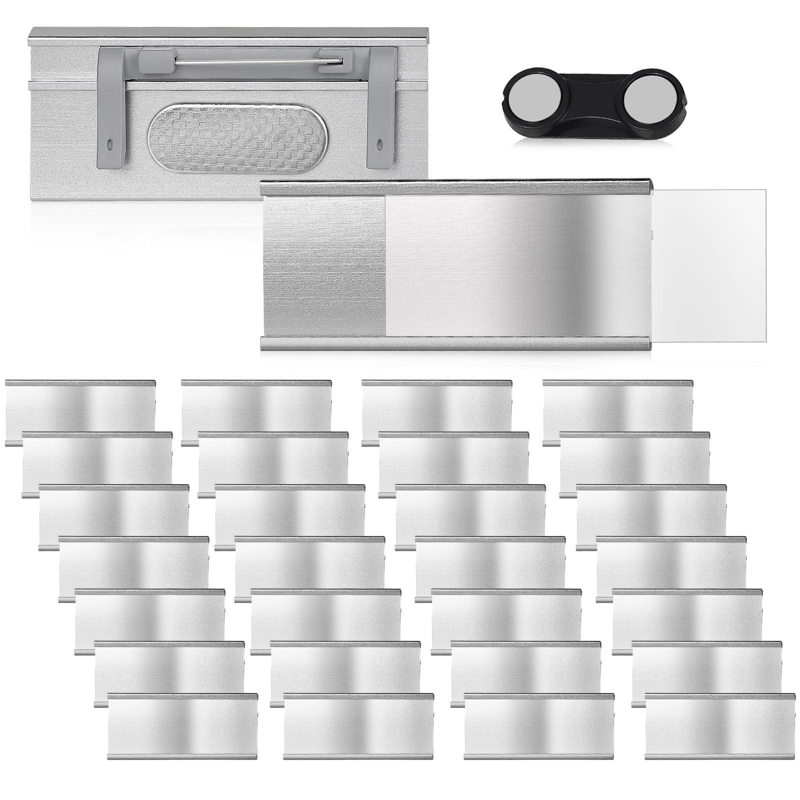 EFUTURETIME 30 x Placa Identificativas Magnéticas de Aluminio 72mm x 31mm con Alfiler y Clip de Bolsillo, Portanombre para Trabajo, Exposición, Restaurante, Escuela