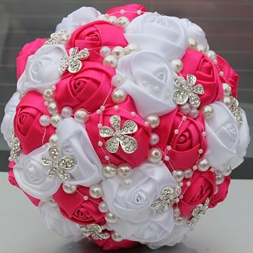 Bride Holding Flowers, Silk Roses Satin Ribbon Romantic Wedding Colorful Rose Bride s Bouquet 8.26in,Rose red + White