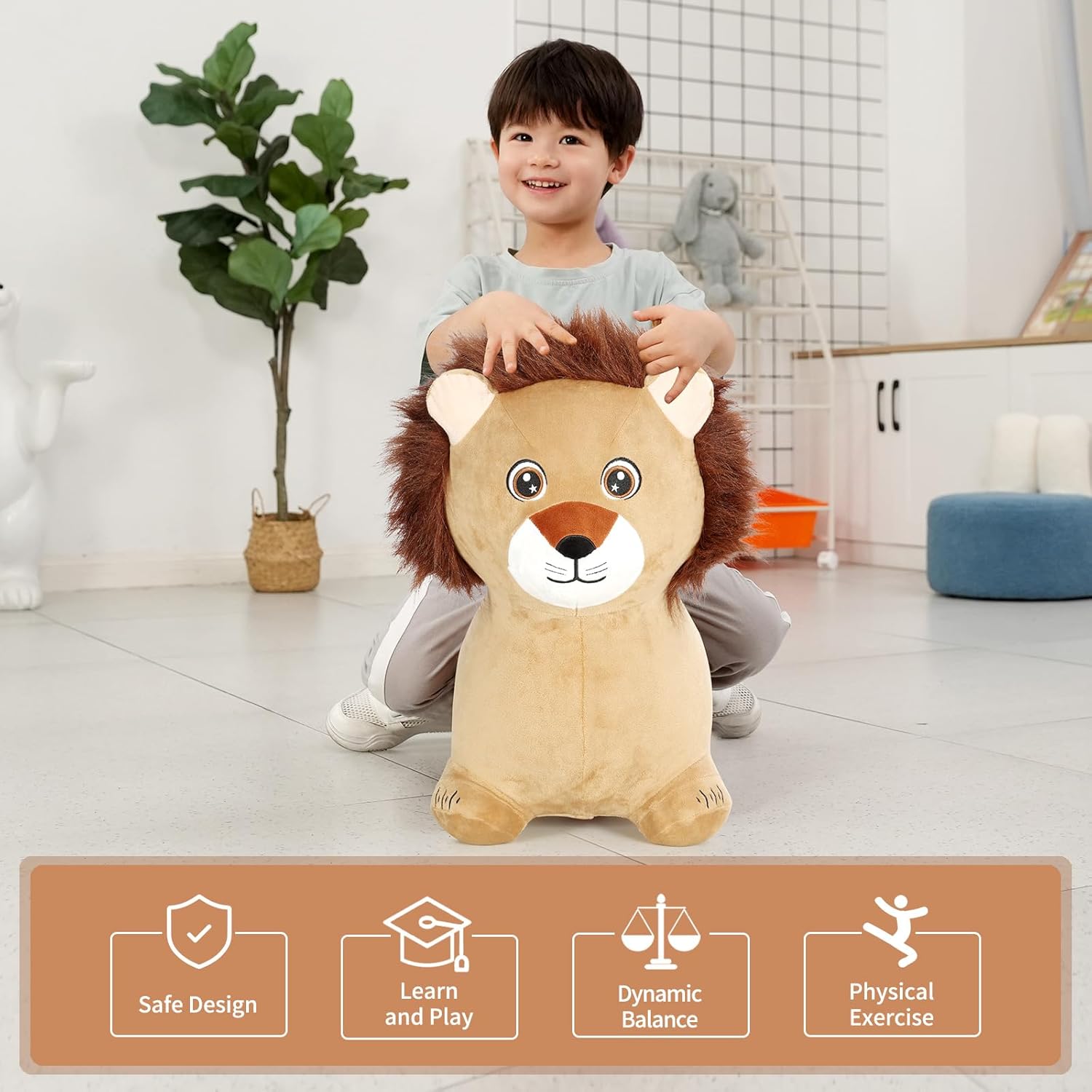 INPANY Bouncy Horse, Lion Hopper Toys, Toddlers Plush Bouncing Animal Hopping, Bounce Buddies, Inflatable Ride on Rubber Bouncer, Indoor Outdoor Birthday Gifts Toy for 2 3 4 Year Old Girls Boys