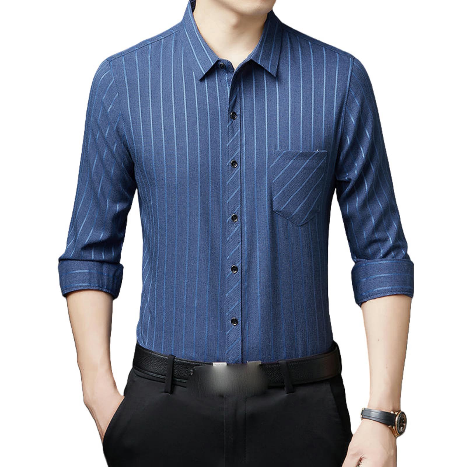 Camicia a righe verticali da uomo a maniche lunghe per primavera e autunno, casual, con tasca reale