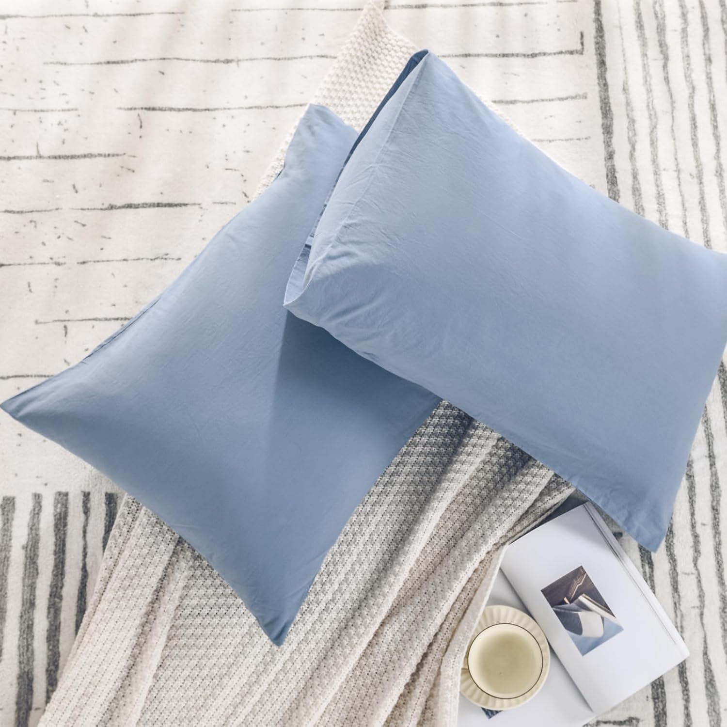 NEXHOME PRO 100% Organic Cotton Standard Pillowcase Set of 2, Envelope Closure Linen Feel Textured Natural, Soft and Durable, Premium Cooling Pillow Cases for Bed (20x26 inch, Blue)