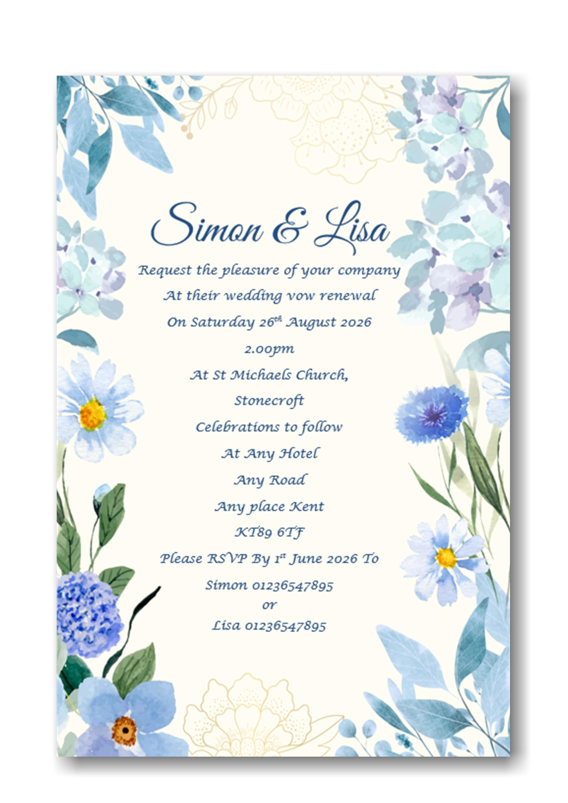 Bespoke Candy Delights Personalised Beautiful Blue Floral Wedding Vow Renewal Invitations - invites With Envelopes Ref VR81 (60)