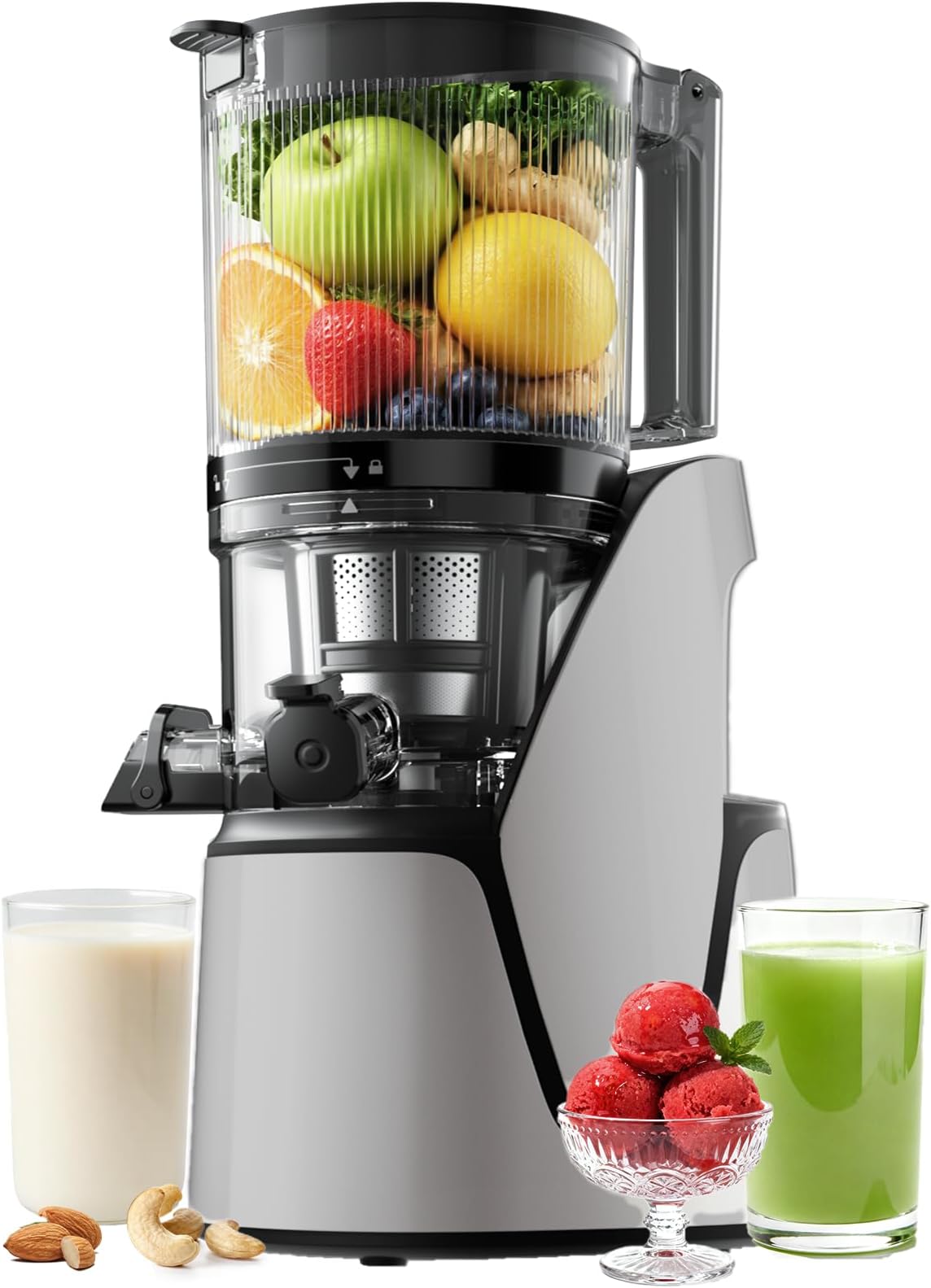 Cold Press Juicer, 5.3" Wide Feed Chute Juice Extractor Machine with 400W, High Juice Yield, Slow Masticating Juicer for Whole Vegetables & Fruits, Deep Grey