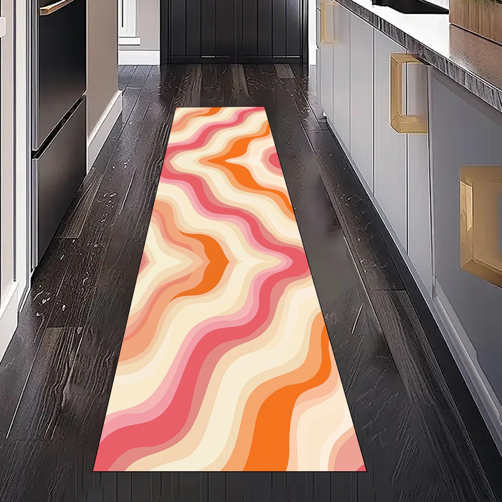 Rosa Orange Gradient Teppichläufer rutschfest Waschbar 60x180 cm, Welle Streifen Küchenteppich Flurteppich Teppich Läufer für Flur, Eingangsbereich, Küche, Wohnzimmer