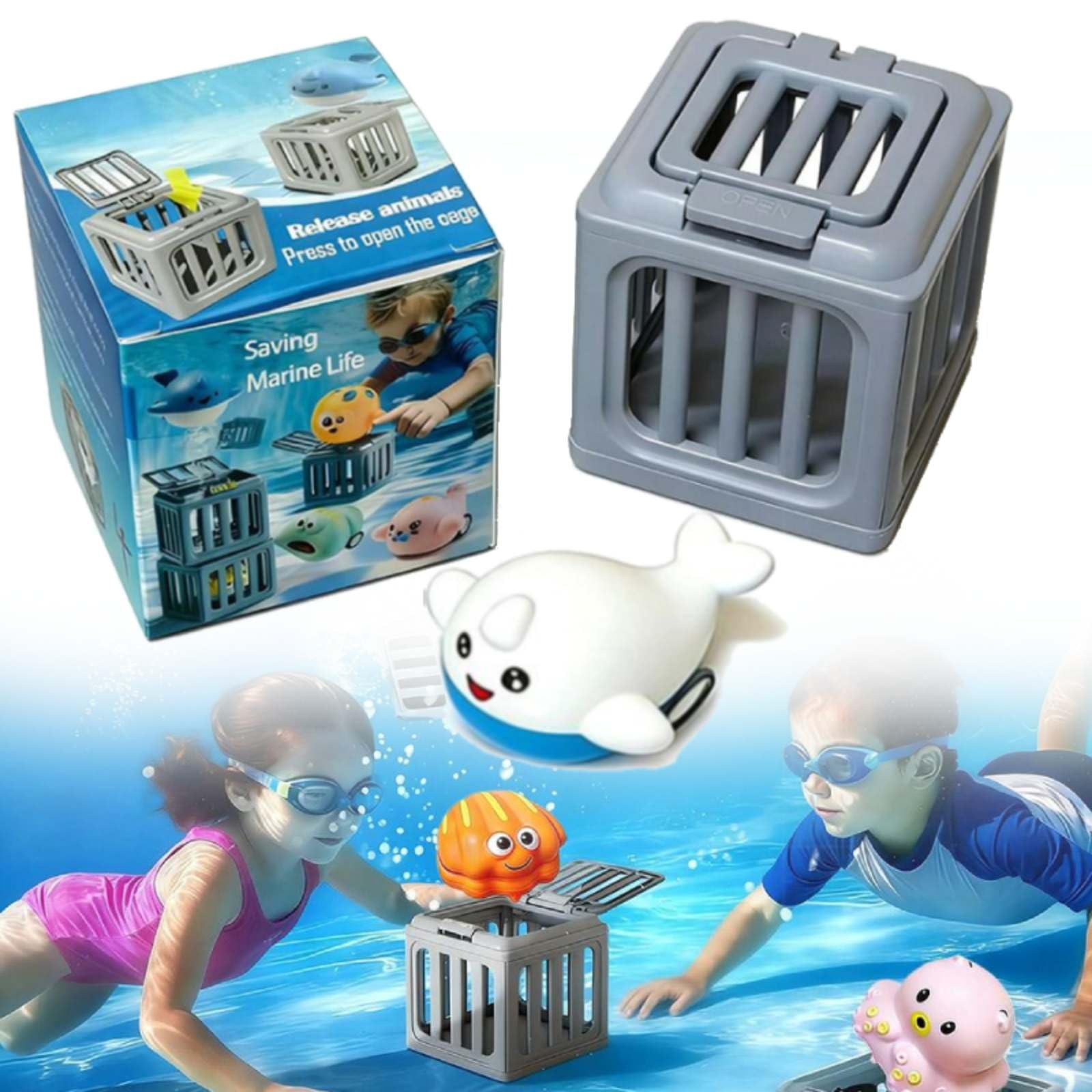 Underwater Dive Rescue Toy, Pool Diving Toys Summer Water Dive Pool Set with Fish Box Floating Animals, Colorful Animal Sinkies Swimming Training Party Gifts for 3-12 Year Old Boys and Girls (whale)
