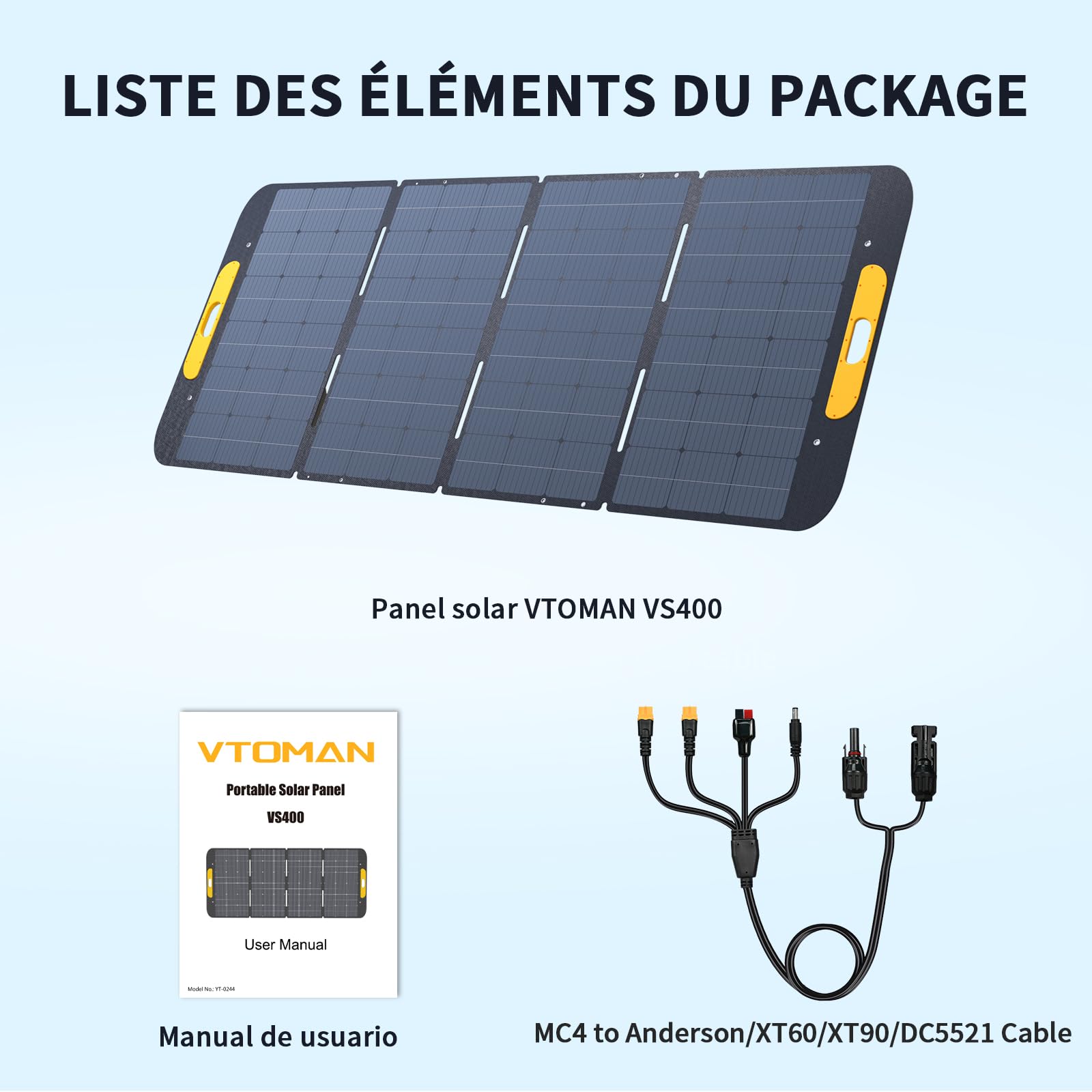 VTOMAN VS400 Panneau Solaire Portable 400W 43V, Efficacité 25% | Pliable & IP67 Étanche, Adaptateurs Anderson XT60 XT90 DC5521, Pieds Réglables, pour station électrique portable