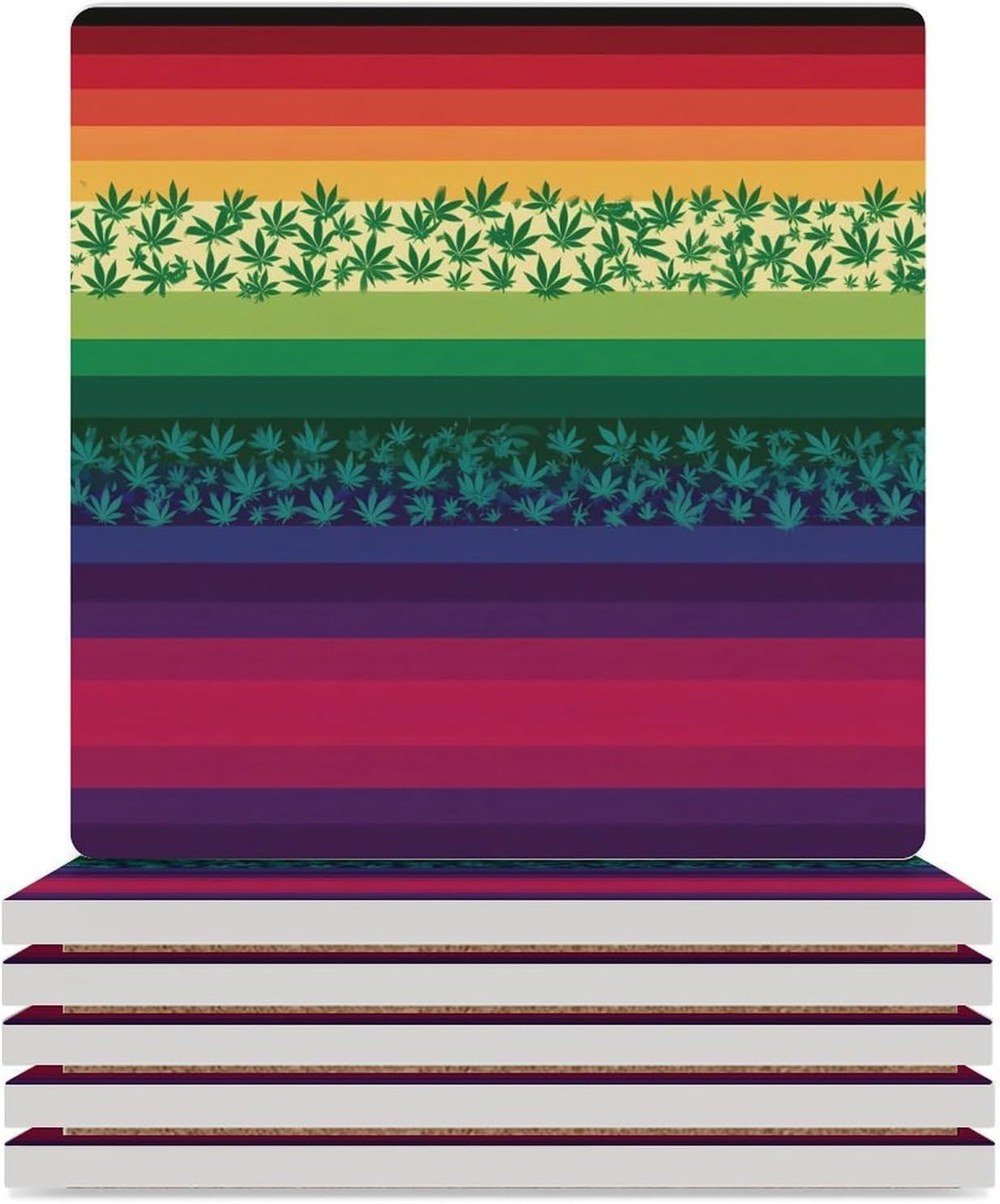 US Flag Weed Leaf Rainbow Coaster for Drinks Square Ceramic Table Coasters Stone Mat Crafts 4PCS Home Kitchen Decor