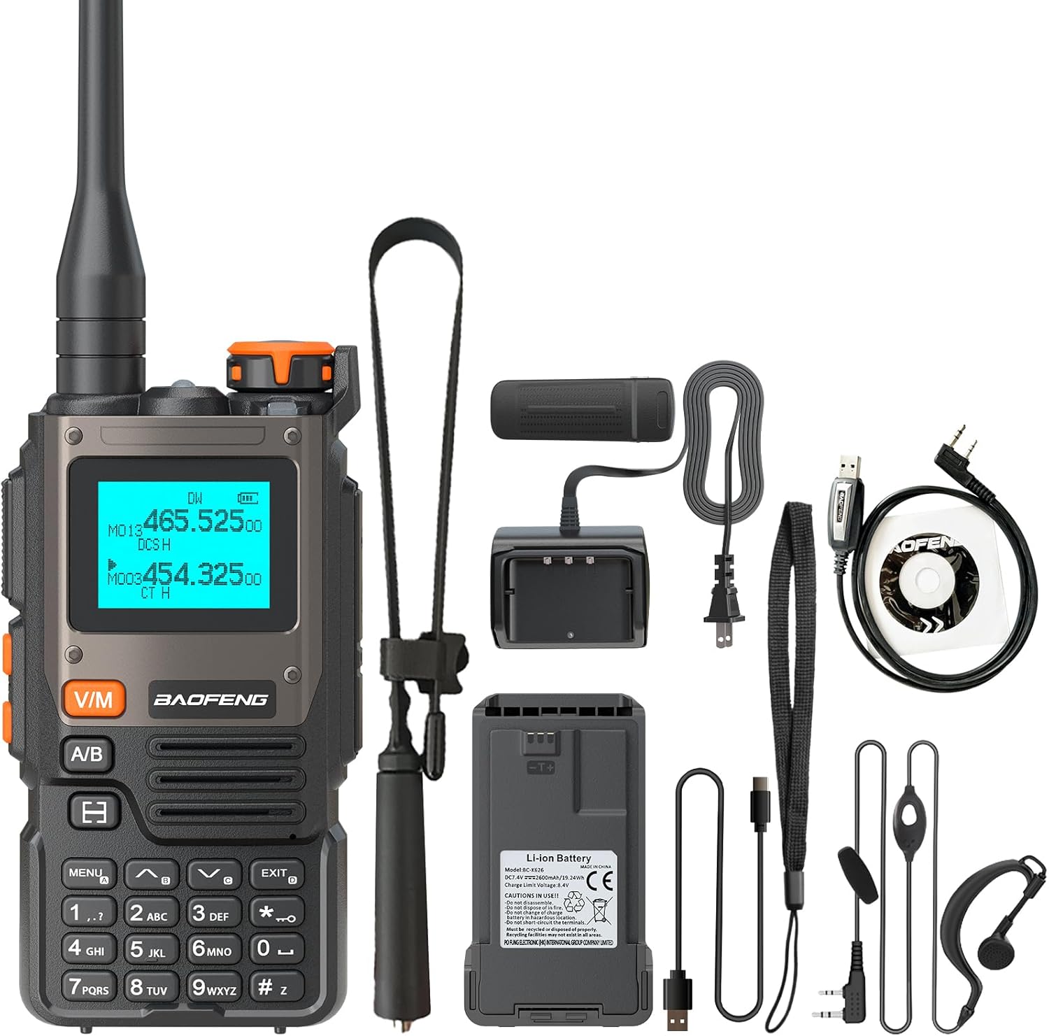 All components included with the BAOFENG UV-K61 radio: radio unit, battery, antennas, charging dock, USB-C cable, belt clip, hand strap, headset, and programming cable.