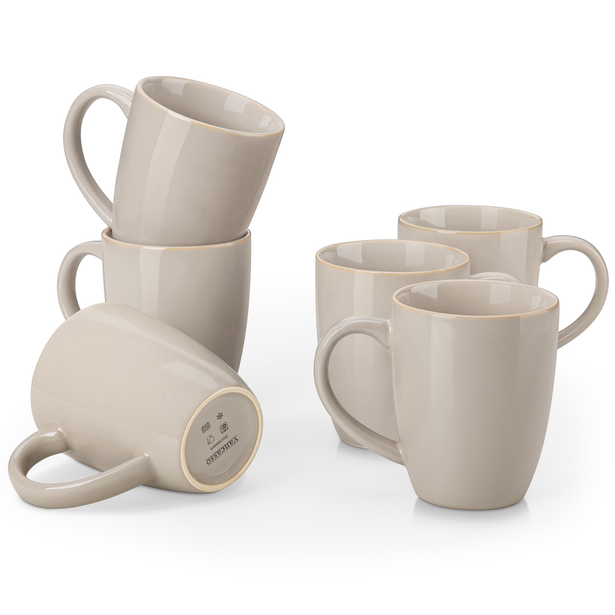 vancasso PLAYA - Juego de 6 tazas de café de cerámica de 16 onzas con asa para café con leche, té, capuchino, leche, cacao, microondas y lavavajillas, color blanco