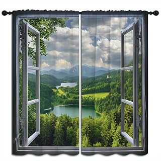 Landscape Blackout Curtains for Boys Girl Bedroom Home Decor, Green Forest Blue Sky White Clouds Natural Scenery Thermal Insulated Rod Pocket Darkening Living Room Window Drapes, 55 x 63 inch