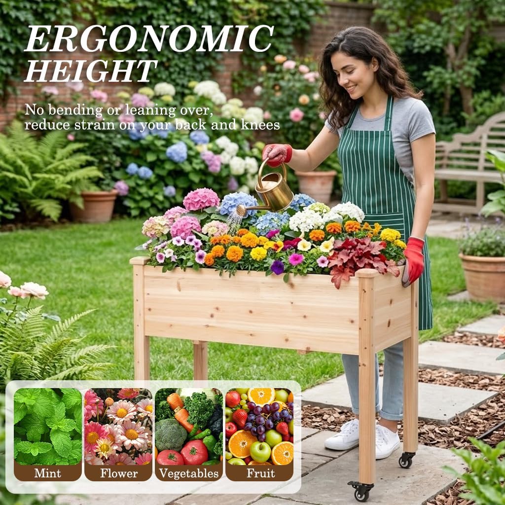 Raised Garden Bed with Lockable Wheels, 40x24x32 inch Elevated Wood Planter with Protective Liner for Vegetable Flower Herb Outdoor Balcony Patio Backyard, Natural