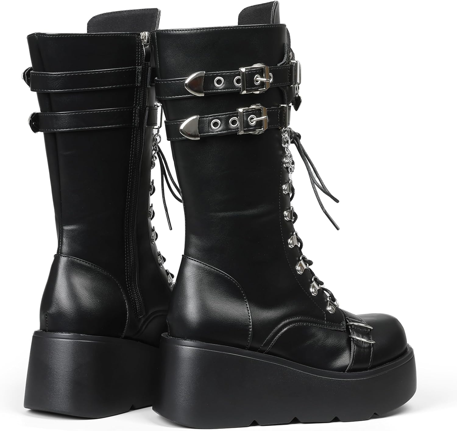 Women's Black Platform Boots Wedge Combat Gothic Chunky Heel Lace Up Mid Calf Punk Motorcycle Shoes - Image 3