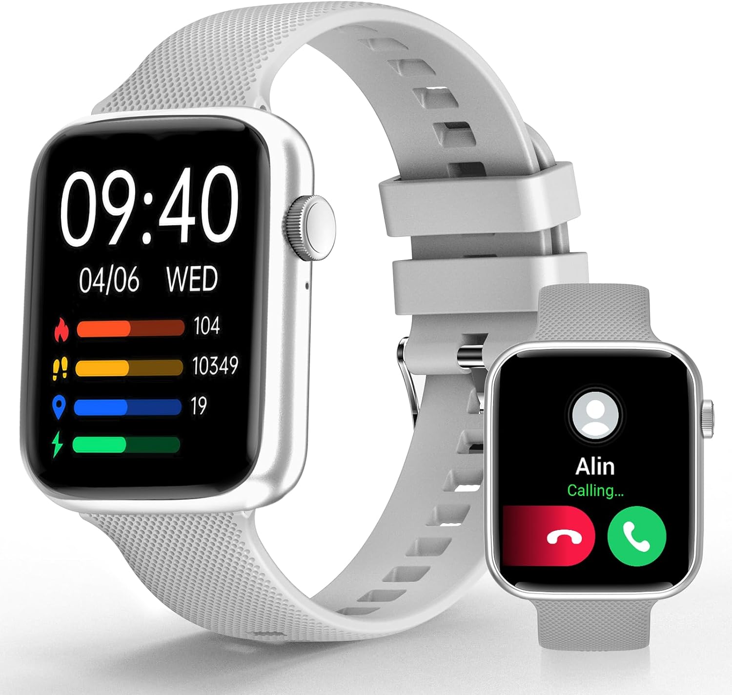 YoYoFit Smartwatch HT15 in Grey, showing time and activity metrics, with a smaller inset image of an incoming call.