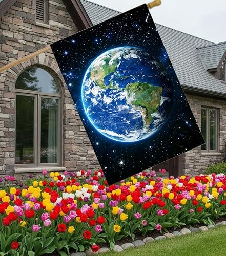 Miniatura 36 de Paisaje de fantasía con piedras, lámparas, flores, árboles, luna y mariposas, bandera de jardín de 12 x 18 pulgadas, pequeña vertical de doble cara