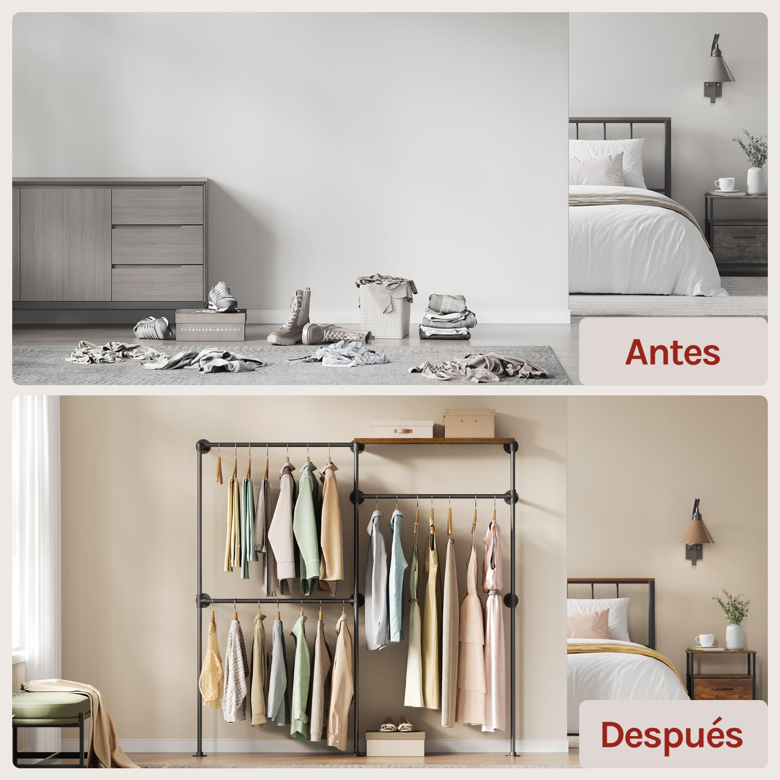 WOLTU Perchero de Pared, Armario Abierto, Perchero con Estante, Burro para Ropa, Barra de Colgar de Tubos Metálicos, Diseño Industrial y Vintage, Negro + Marrón Rústico