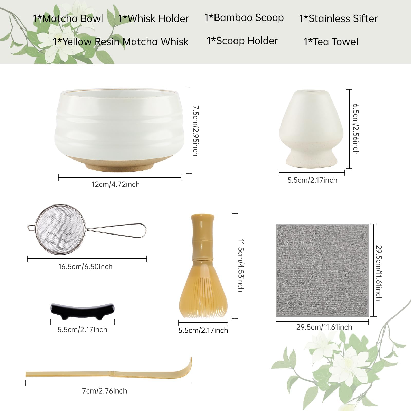 GUIGA Set di 7 matcha per cerimonie giapponesi, per matcha, in resina gialla, cucchiaio di bambù, porta scopa, set matcha per cerimonia del tè, bevanda (bianco opaco)