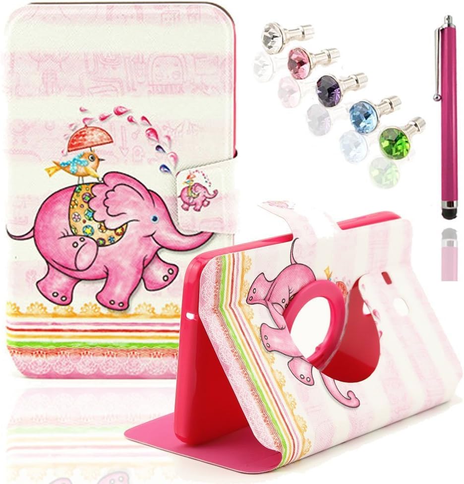 Vandot 7 in1 Accessory Set 1x TPU Silicone Elephant Cover PU Leather Case Cover foil for Tablet Samsung Galaxy Tab3 10.1 P5200 P5210 WiFi 25.7 cm (10.1 inches) Case with 360 degree rotatable leather case shell fit Smart Cover Magnetic Skin Mobile Phone PU Leather Case magnetic Clasp New Flip Book style Multi-Function protective leatherette + 1x Pink Metal Stylus Touch Pen + 5x 3.5mm Diamond Rhinestone pearl Anti dust plug - Blue Pink Rose Green White bird with Rain umbrella Elephant