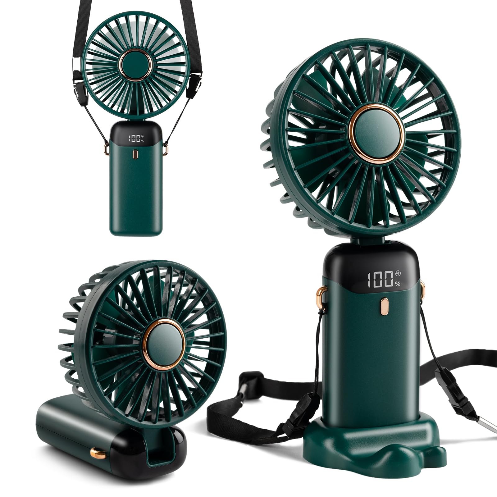 Portable Mini Fan, Type-C Rechargeable with 4000mAh Battery, Digital Display, 90° Folding, 5 Speed, 3 in 1 (Hand/Neck/Table) - Ideal for Makeup or Daily Use (Dark Green)