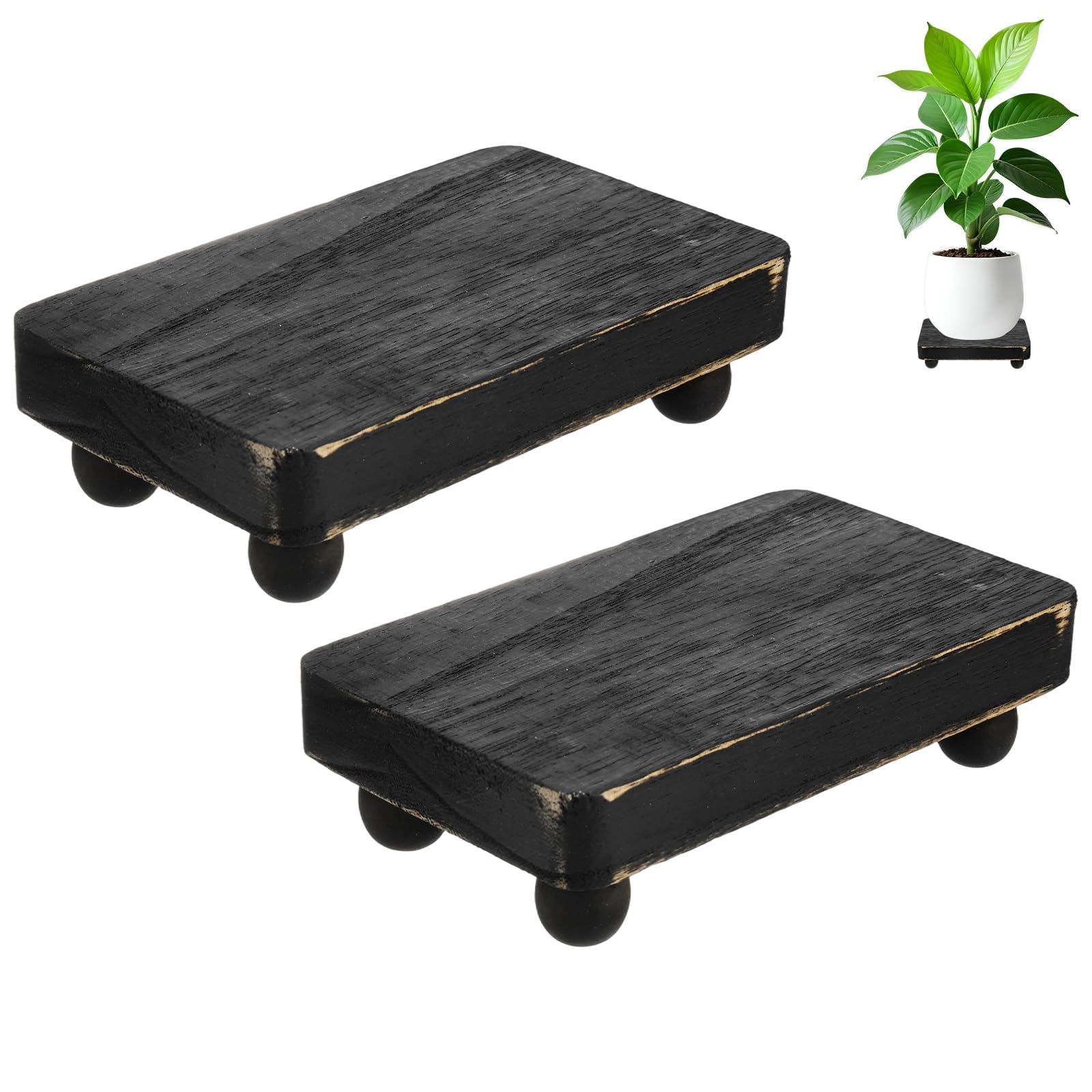 M METERXITY 2-Pack Plant Risers for Inside Pots, 15 x 9 Cm/5.91 x 3.54 Inch Wooden Tray for Kitchen/Bathroom/Farmhouse/Decor/Soap/Dish/Perfume, Pots Stand [Black]