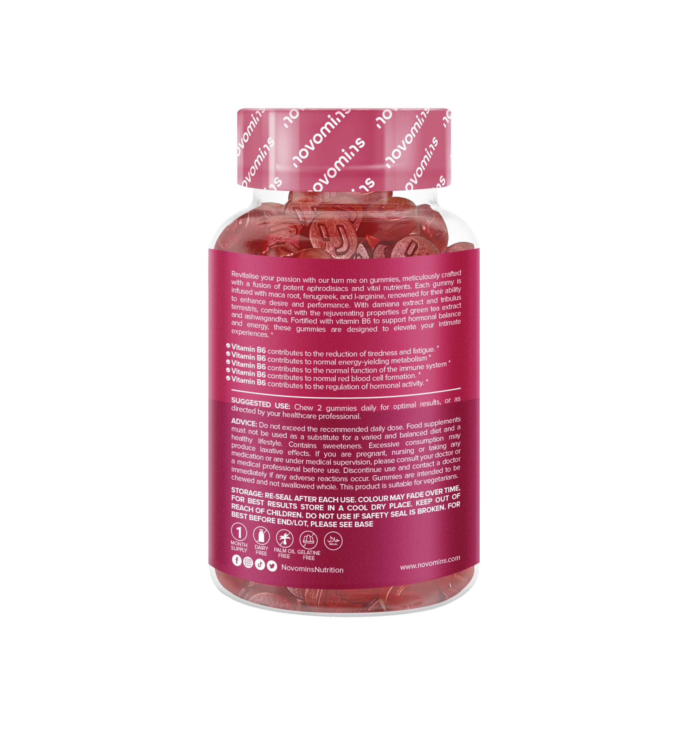 Libido Gominolas - Maca, Ashwagandha, L-Arginina, Tribulus Terrestris y Vitamina B6 - Libido para Mujer - Sin Gluten y Vegano - 60 Gominolas para Potencia y Energía - Turn Me On Gummies - Novomins