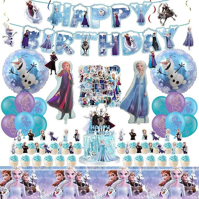 102 Psc For Frozen theme party setup easy to assemble decorations including childrens DIY cake toppers and background cloth sets perfect for childrens birthday parties.