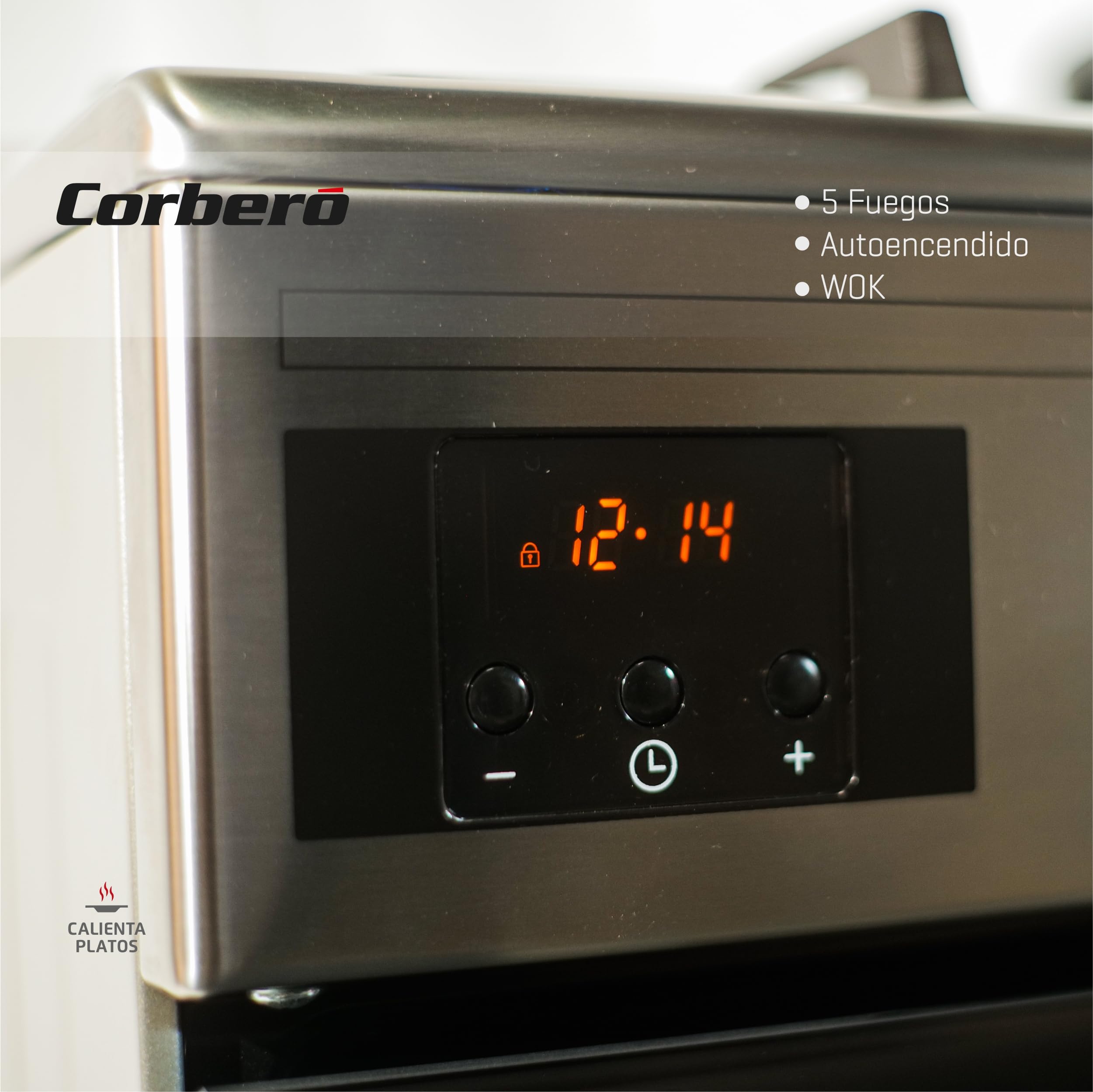 Corberó - Cocina de Gas Butano | CC900X | Horno 96L Panorámico | 5 Fuegos con Opción Wok | Autoencendido Integrado | Fácil Limpieza | Sin Tapa | Inox