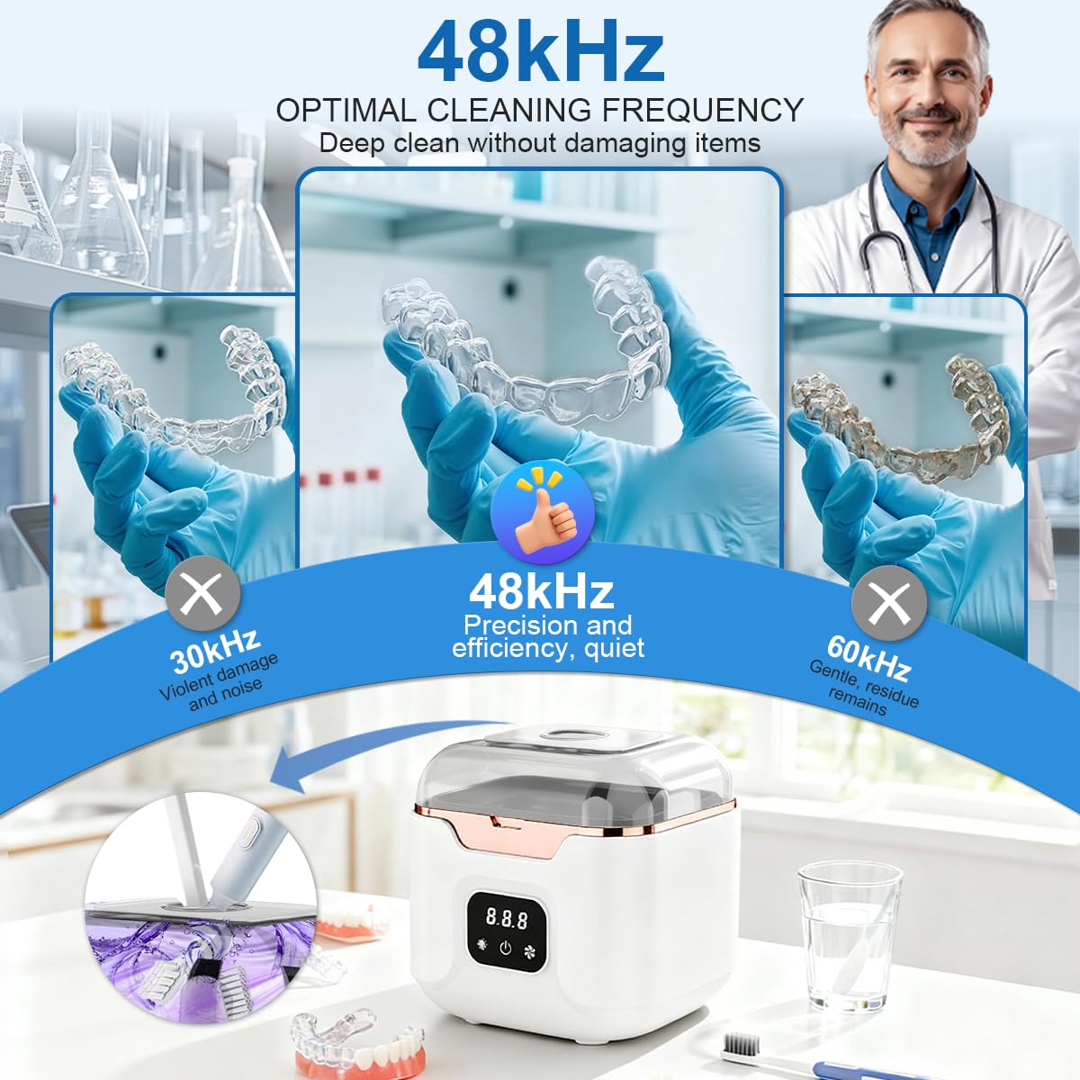 Ultrasonic Retainer Cleaner Machine, 48kHz Ultrasonic Dentures Cleaner with Timer & 4 Modes, 240ML Dental Pod for Mouth Guards, Braces, Aligner, Toothbrush, Jewelry, Makeup tool.