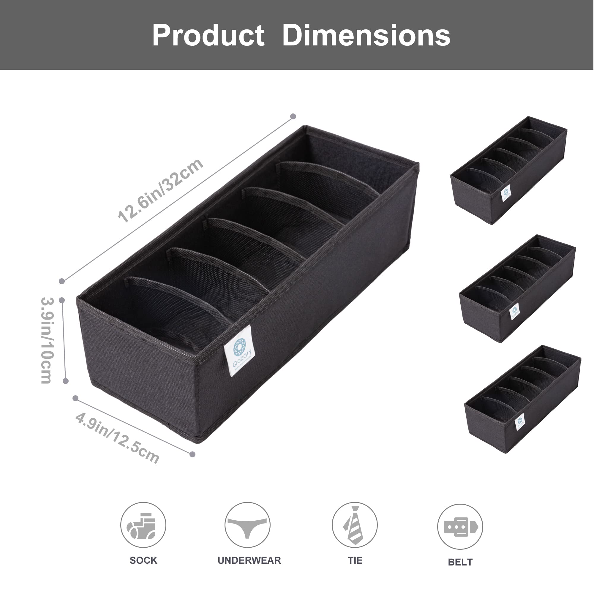 Qozary Lot de 3 séparateurs de tiroir pour chaussettes, sous-vêtements, cravate, ceinture, chambre à coucher (noir, 6 compartiments)