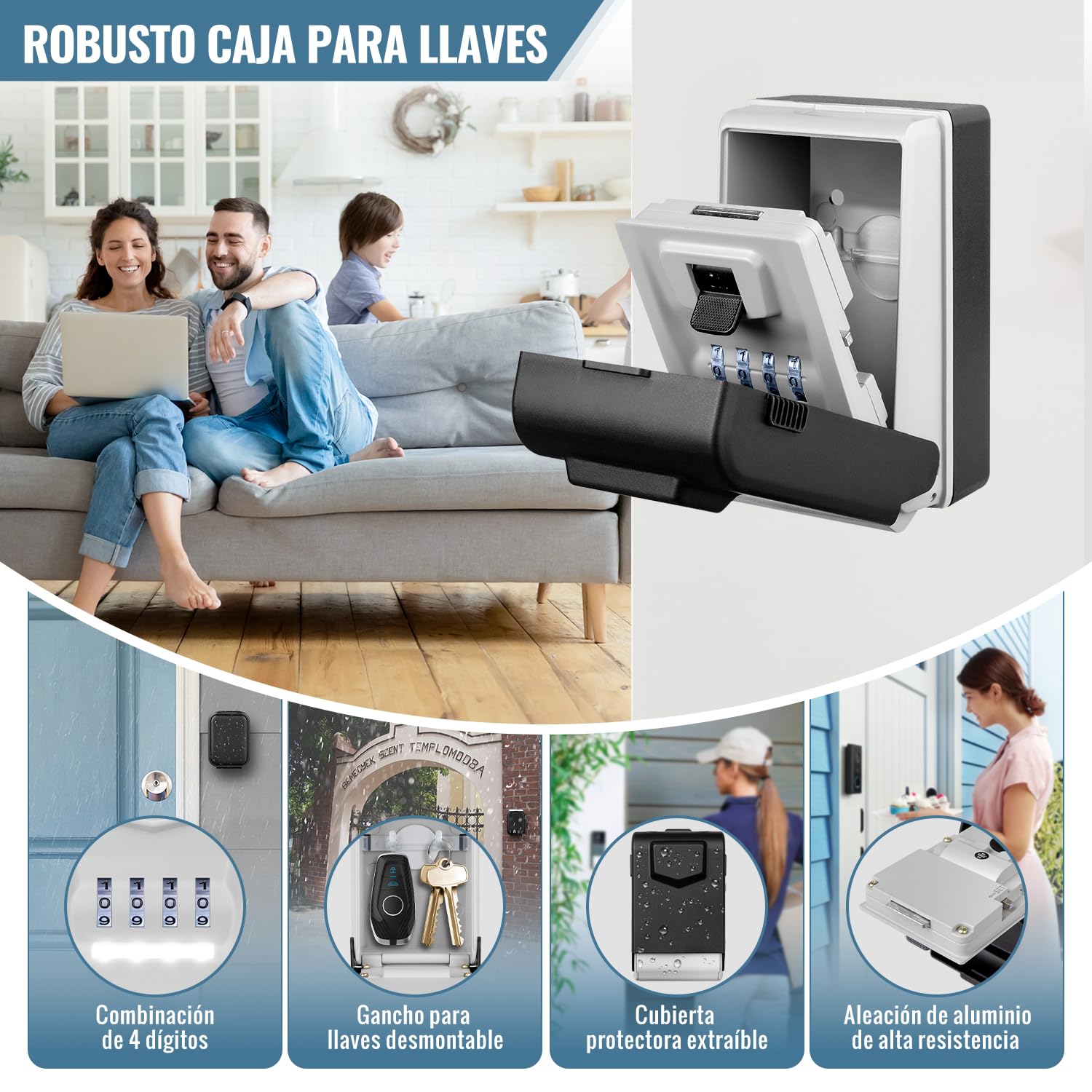 Caja de Seguridad para Llaves Exterior Caja Fuerte para Llaves Impermeable Lluminada Caja de Llave con Codigo 4 Dígitos Caja de Bloqueo para Llave para Hogar Garaje Escuela