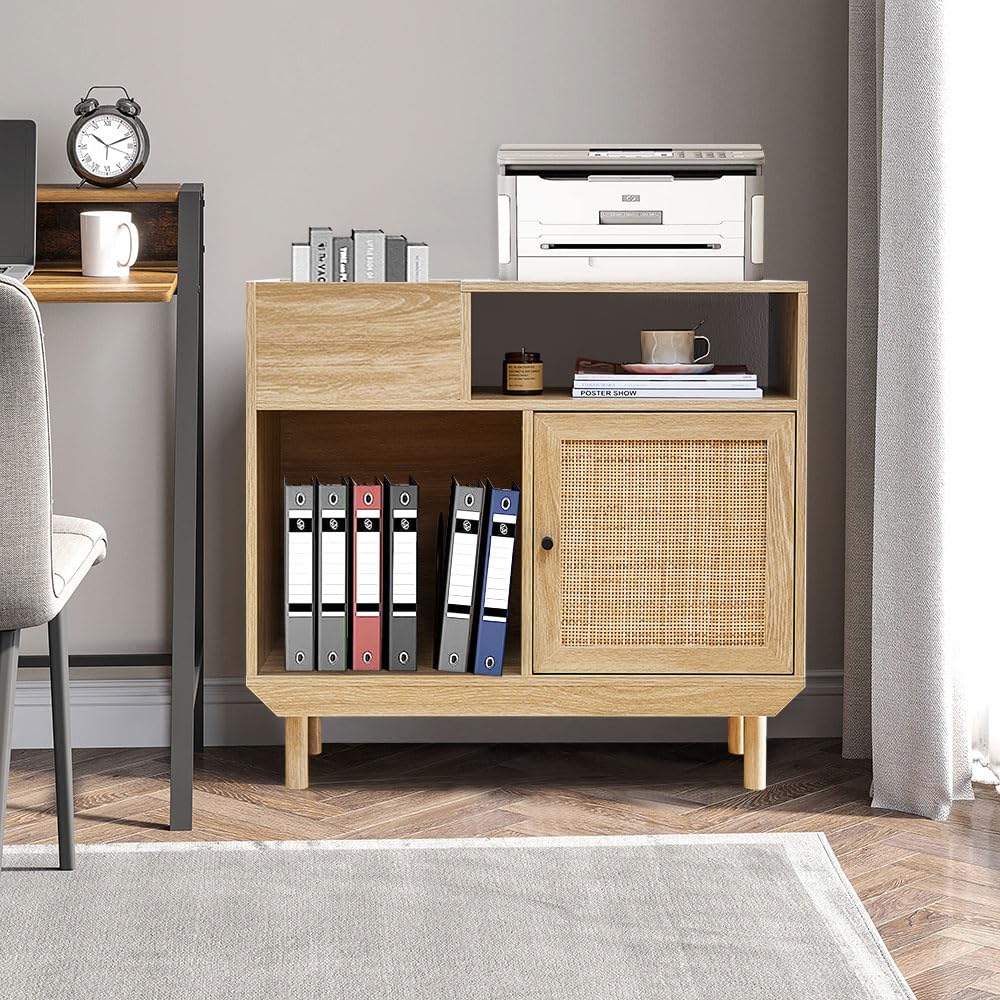 Armoire de rangement vintage en bois et rotin tissé – Organisateur de disques avec portes tissées à la main, pieds d’armoire en bois massif, étagère polyvalente pour disques, livres, fournitures de