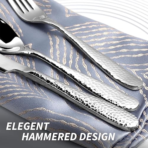 Miniatura 4 de Juego de cubiertos martillados de 20 piezas para 4, juego de cubiertos de acero inoxidable 1810 con mango texturizado, juego de cubiertos