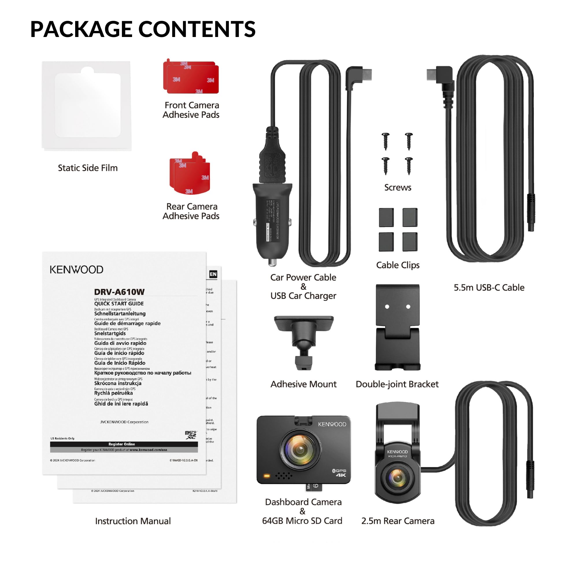 KENWOOD DRV-A610WDP Dash Cam Front and Rear with GPS, 4K/2K Dash Camera for Cars, Trucks & RVs, Bluetooth & WiFi Support, Loop Recording, G Sensor, Motion Detection, Includes 64GB Micro SD Card