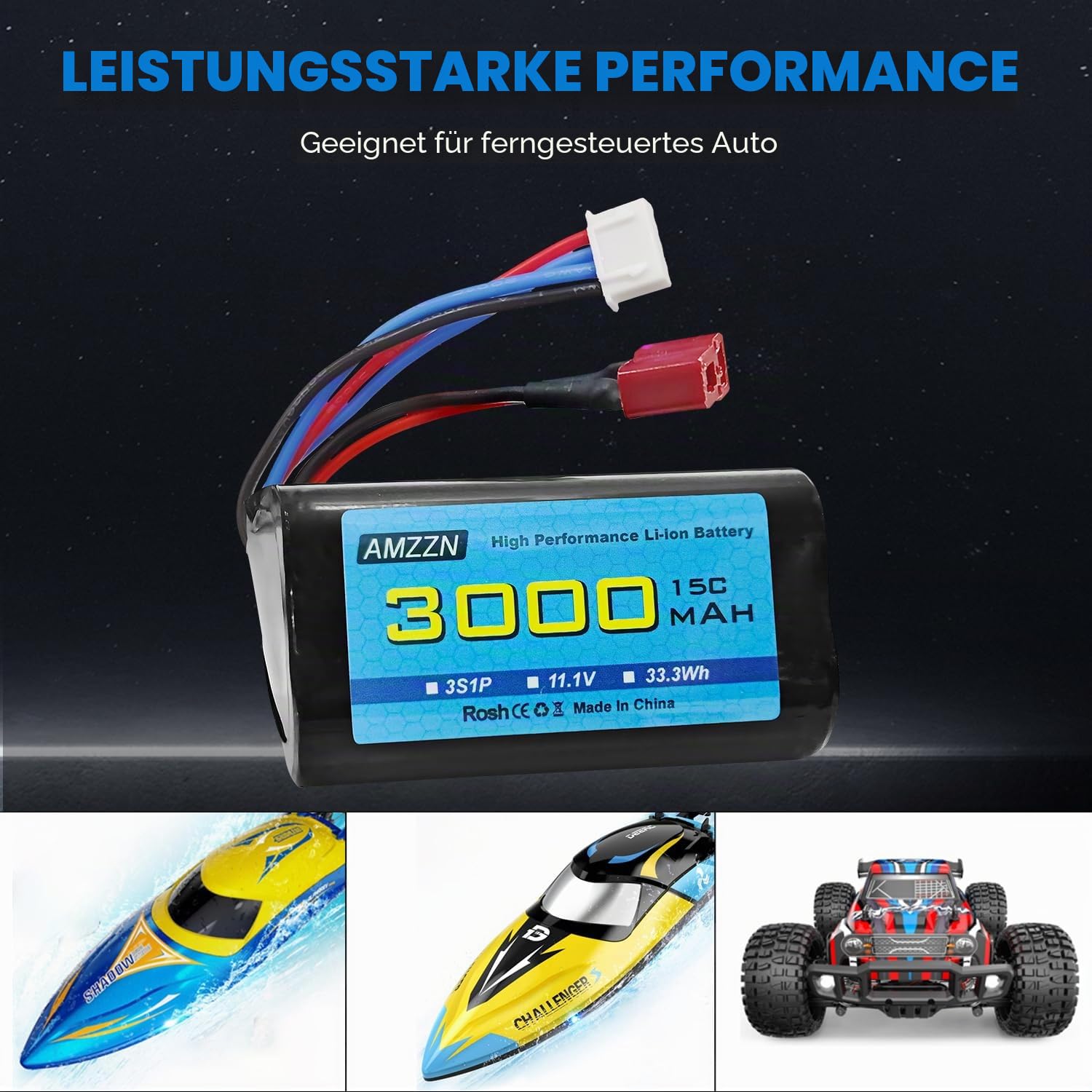 2 Stück 11.1V 3000mAh 15C 3S T-Plug Li-Ion Akku mit USB-Ladegerät, geeignet für R608 2104 Boot bürstenlose Fernbedienung, 210E 200E Auto bürstenlose Fernbedienung