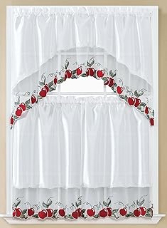 GLORY RUGS 3pc Kitchen Curtain Apple White Valance Set 1 Swag Valance and 2 Tiers 2 Tiers Width 29"x 34" Each and The Valance Length 58"x34"