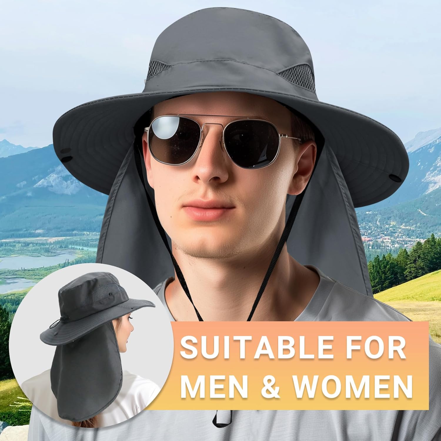 PFFY Sun Bucket Hats for Men Women Fishing Hat UV Protection Wide Brim Beach Safari Hat with Neck Flap - Image 2