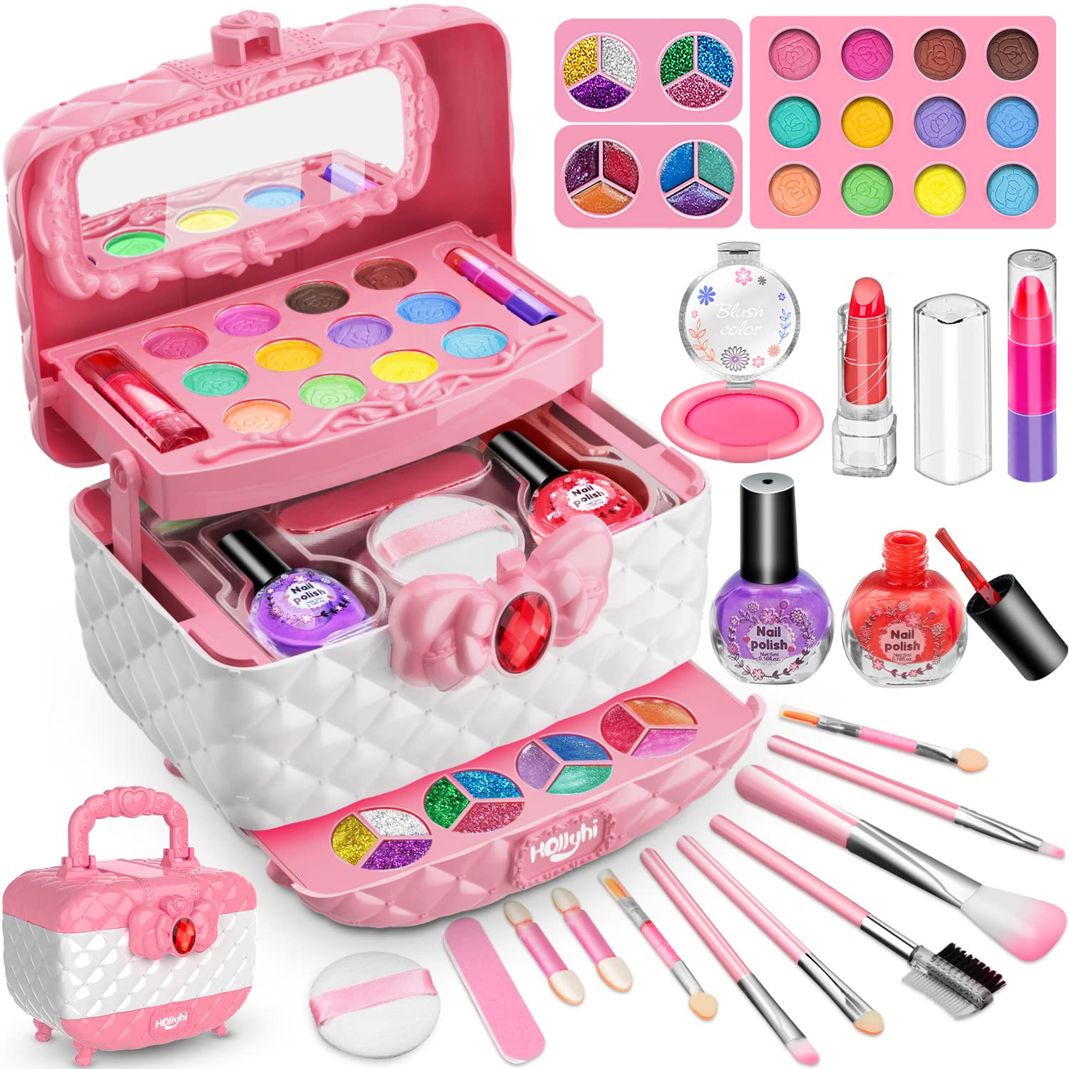 Hollyhi 41 Pcs Kids Makeup Kit for Girl, Washable Girls Makeup Kit Toys for Kids with Real Cosmetic Case, Play Makeup Beauty Set, Make Up Birthday Gifts for 3 4 5 6 7 8 9 10 11 12 Years Old Kid(Pink)
