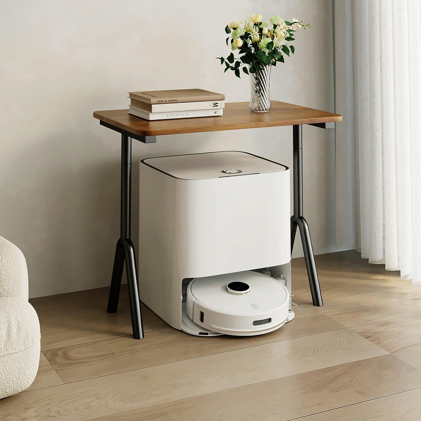 Roboter-Staubsauger-Aufbewahrungsschrank, multifunktionaler Organizer mit Holzplatte und Stahlrahmen, Sweeping Display Regal für effiziente Platzersparnis und Wasserwechsel