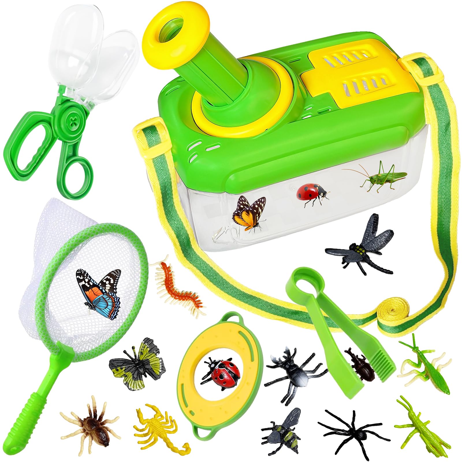 Kulveanju Kids Outdoor Toys Bug Hunting Kits for Children, 5 Pcs Bug Catcher Kit & 12 Bug Toys, Insect Box with Rotating Magnifying Glass, Outdoor Explorer Kit Gifts for Boys Girls 3 4 5 6 Years Old