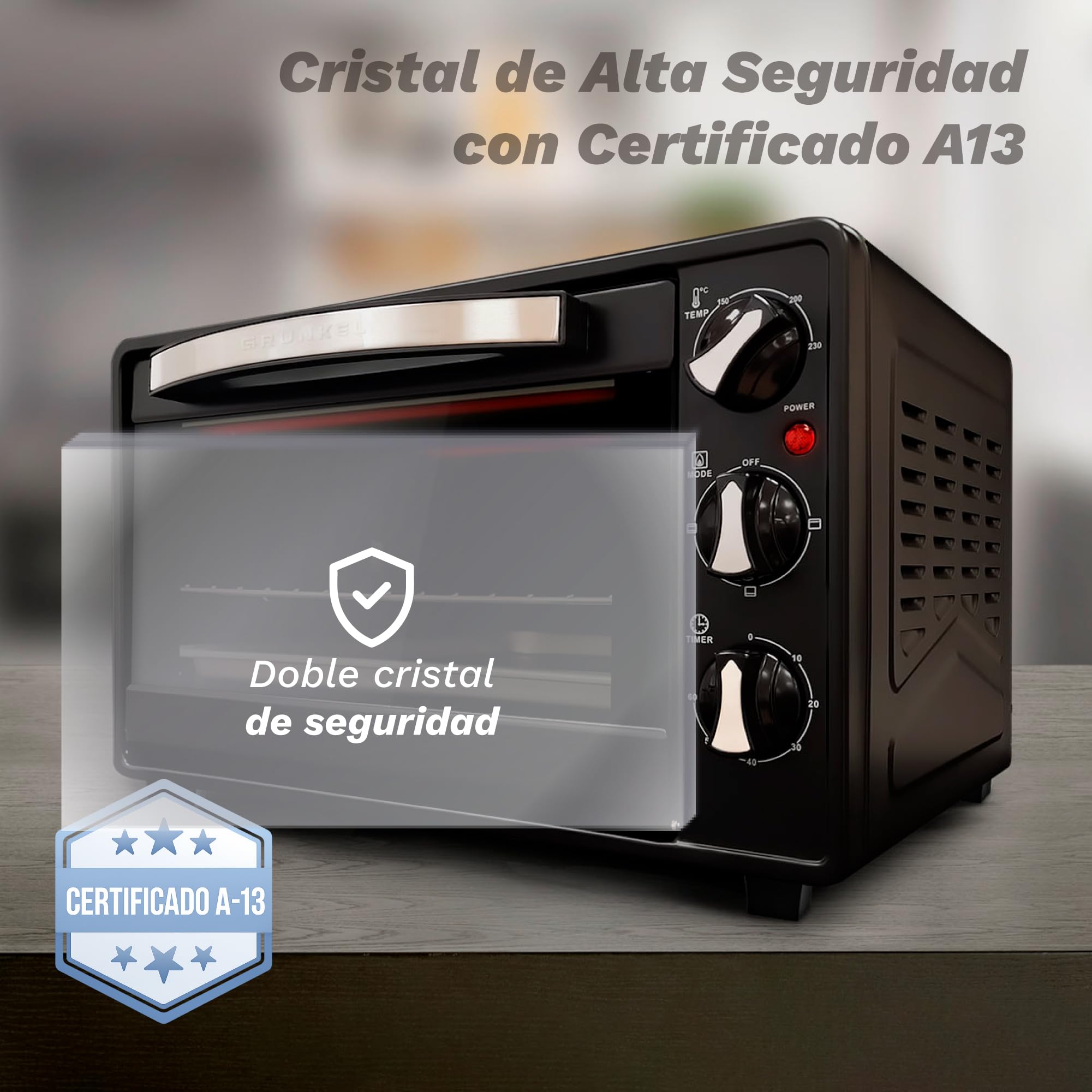Grunkel - Horno eléctrico multifunción de sobremesa de 23l con 3 funciones de calor y selector de temperatura hasta 230°C. Temporizador hasta 60 min - 1600W (Negro) (HR-23HN)