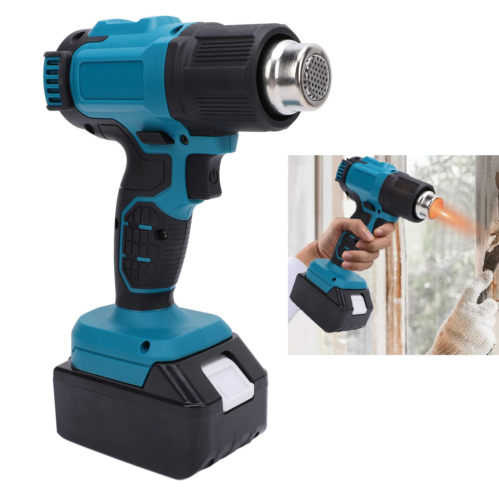 Pistola de Calor Inalámbrica, Pistola de Aire Caliente Portátil con Batería Recargable con Pantalla LCD de Luz Azul y Bloqueo de Temperatura, para Eliminación de Pintura (Enchufe europeo)