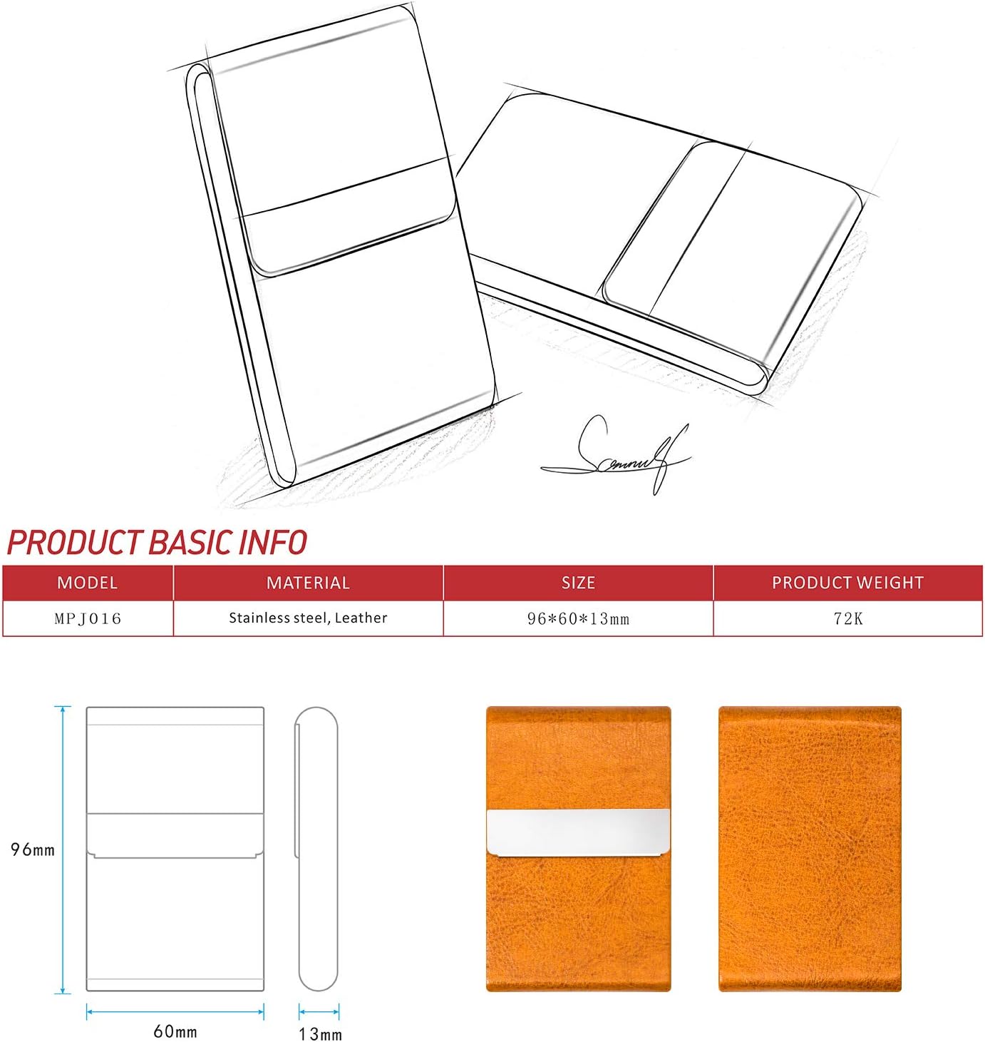 Padike Professional Business Card Holder PU Leather Business Card Case Name Card Holder Slim Metal Pocket Card Holder with Magnetic Shut (Z-Orange) - Image 4