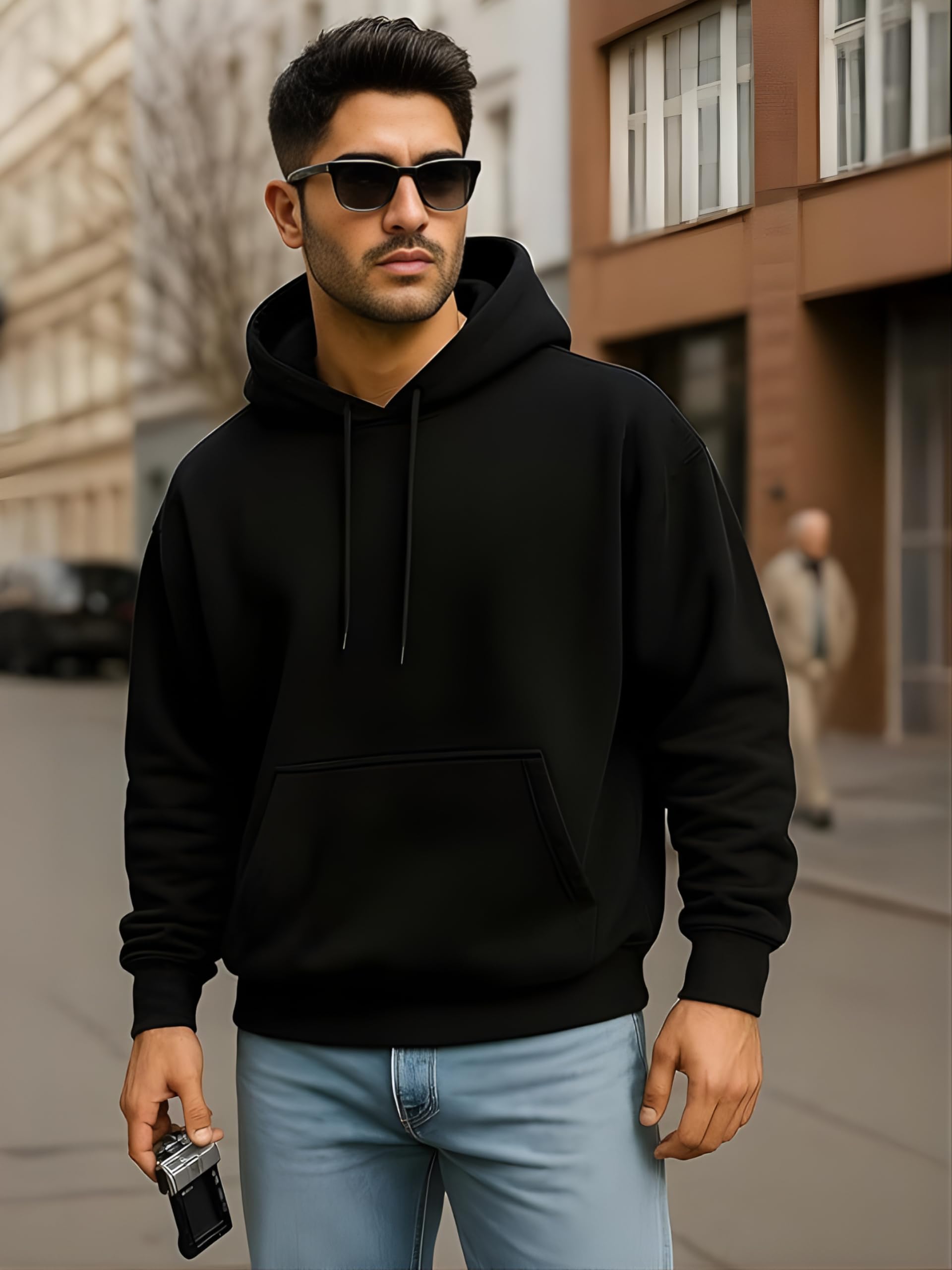 elegant sleek Cotton Fleece Hooded Sweatshirt, Black, Regular Fit, Long Sleeve, Kangaroo Pocket, Casual Style-picture-35